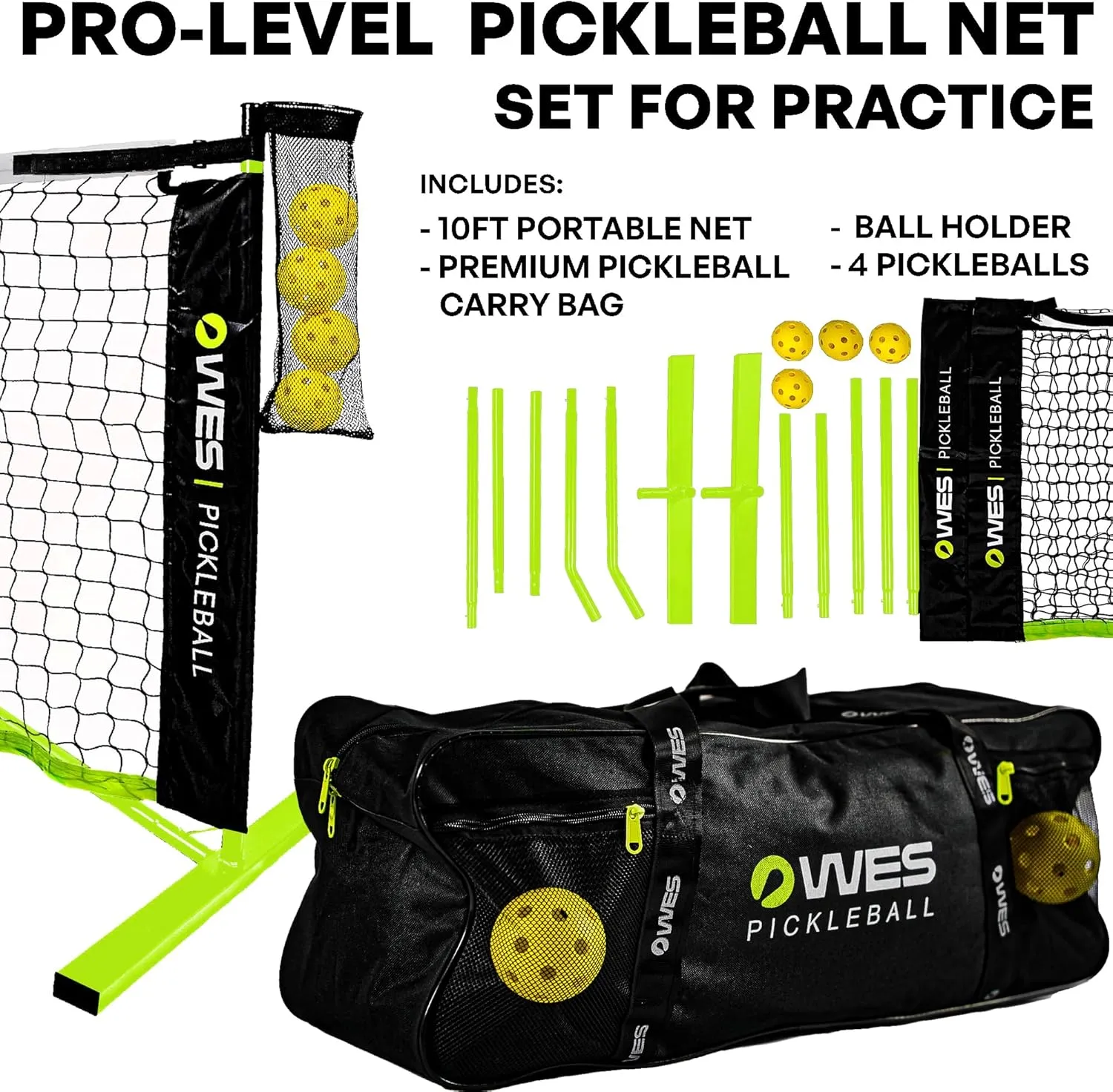 10ft Mini Pickleball Net Set – Half Court Pickleball Net with Ball Holder, Premium Travel Bag & 4 Pickleballs – Easy Setup, Heavy-Duty Frame & Reinforced Fabric Net for Driveway