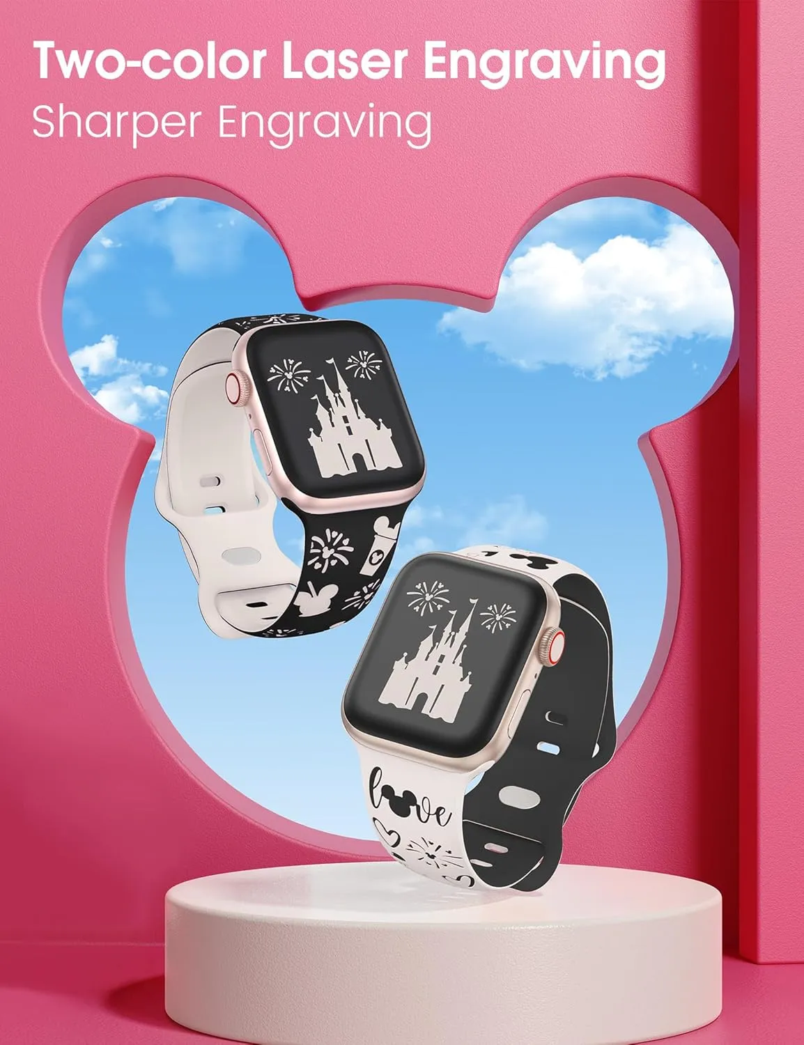 2 Packs Cartoon Engraved Band Compatible with Apple Watch Band 49/46/45/44/42/41/40/38mm Women Two-Tone Cute Soft Silicone Sport Strap for iWatch SE Series 10/9/8/7/6/5/4/3/2/1/Ultra(1/2)
