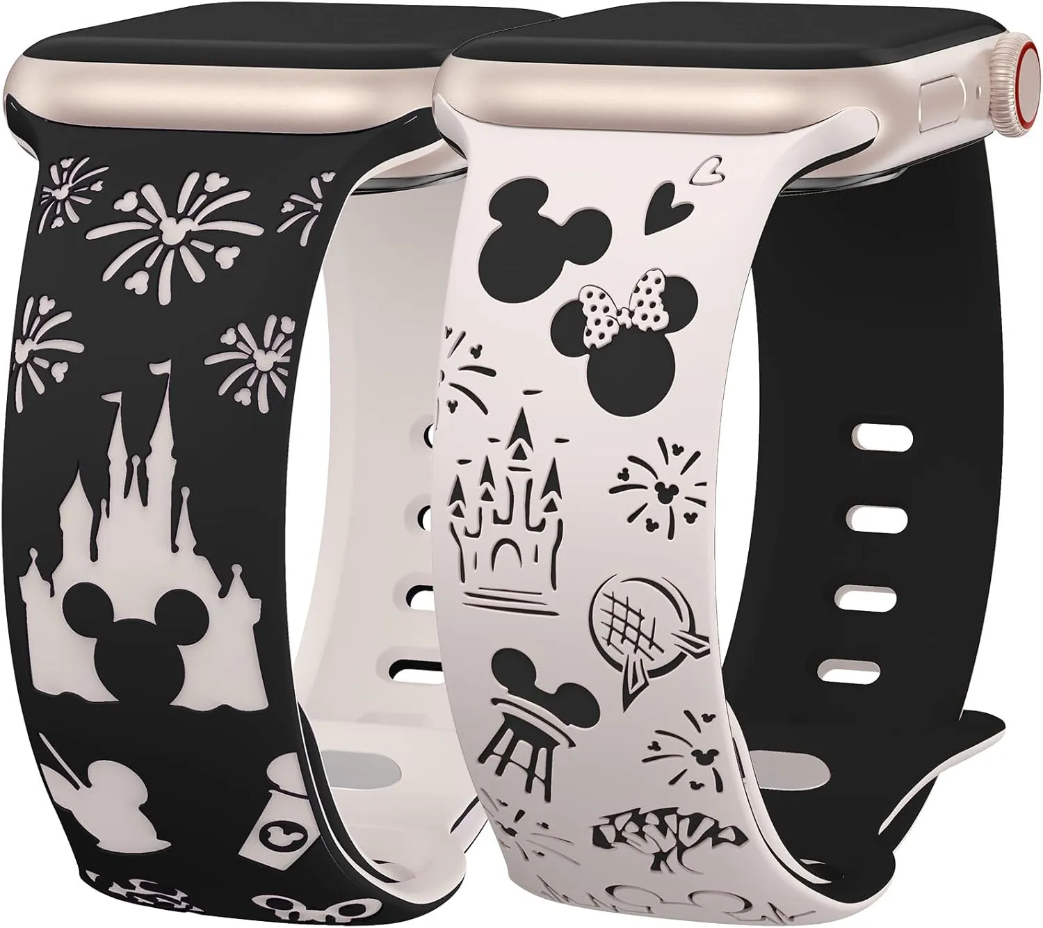 2 Packs Cartoon Engraved Band Compatible with Apple Watch Band 49/46/45/44/42/41/40/38mm Women Two-Tone Cute Soft Silicone Sport Strap for iWatch SE Series 10/9/8/7/6/5/4/3/2/1/Ultra(1/2)