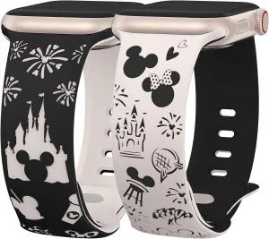 2 Packs Cartoon Engraved Band Compatible with Apple Watch Band 49/46/45/44/42/41/40/38mm Women Two-Tone Cute Soft Silicone Sport Strap for iWatch SE Series 10/9/8/7/6/5/4/3/2/1/Ultra(1/2)