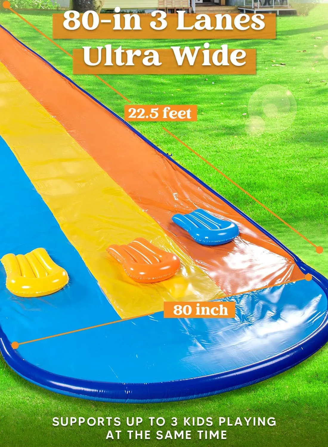 22.5ft Triple Water Slide and 3 Body Boards, Backyard Lawn Water Slides with Outdoor Slip Sprinkler for Kids Adults Summer Water Fun Toy