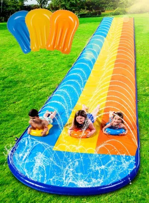 22.5ft Triple Water Slide and 3 Body Boards, Backyard Lawn Water Slides with Outdoor Slip Sprinkler for Kids Adults Summer Water Fun Toy
