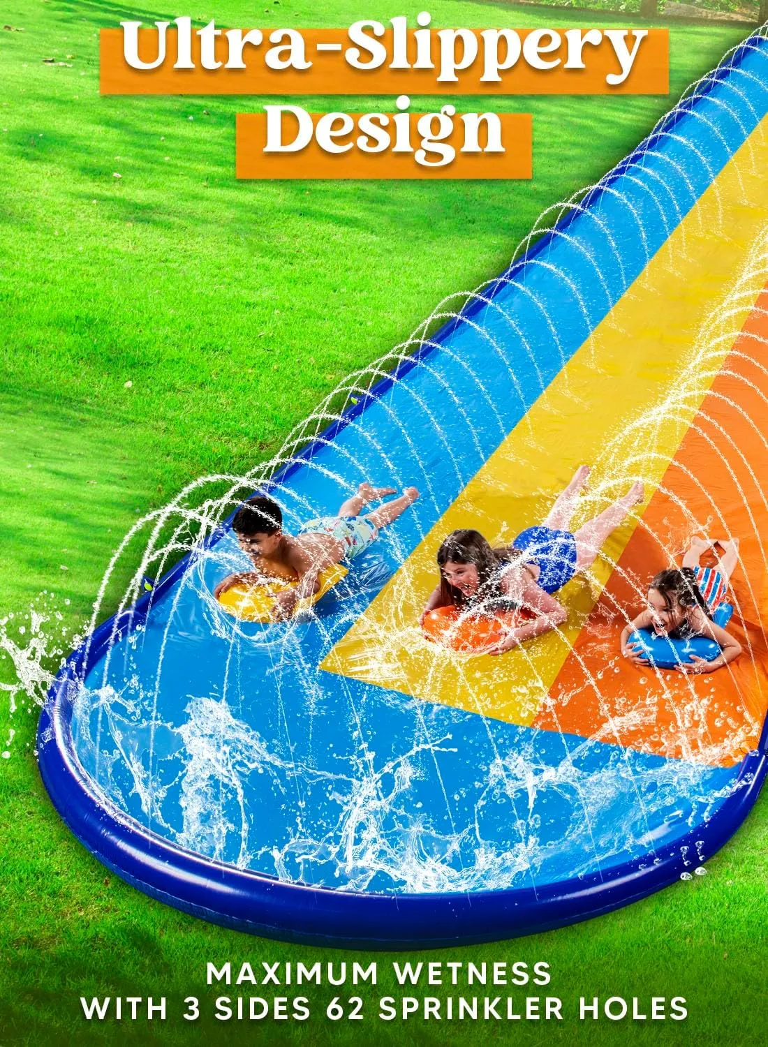 22.5ft Triple Water Slide and 3 Body Boards, Backyard Lawn Water Slides with Outdoor Slip Sprinkler for Kids Adults Summer Water Fun Toy