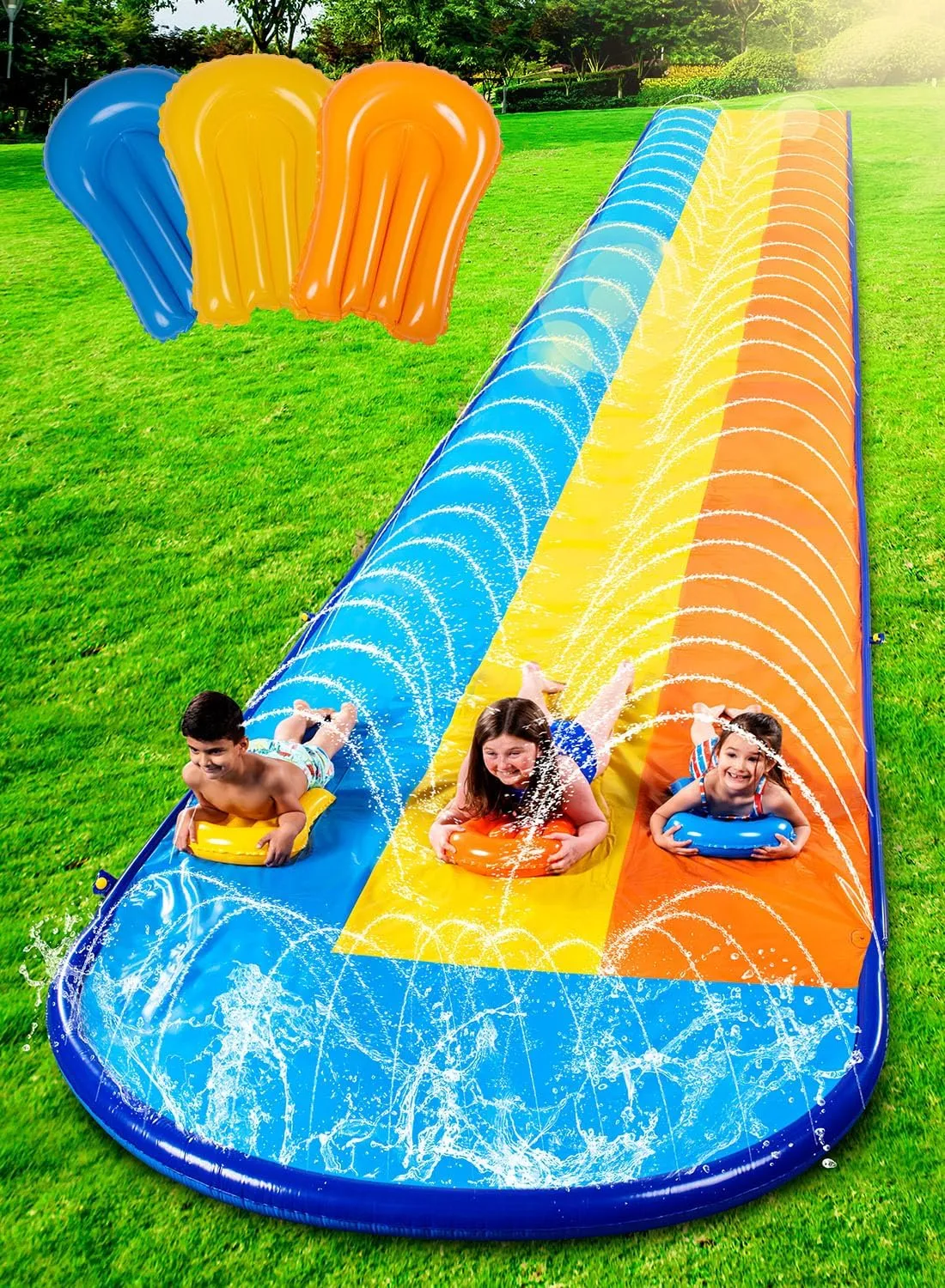 22.5ft Triple Water Slide and 3 Body Boards, Backyard Lawn Water Slides with Outdoor Slip Sprinkler for Kids Adults Summer Water Fun Toy