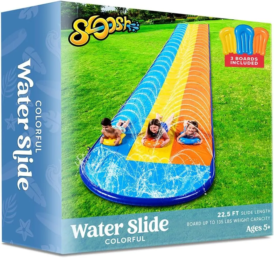 22.5ft Triple Water Slide and 3 Body Boards, Backyard Lawn Water Slides with Outdoor Slip Sprinkler for Kids Adults Summer Water Fun Toy