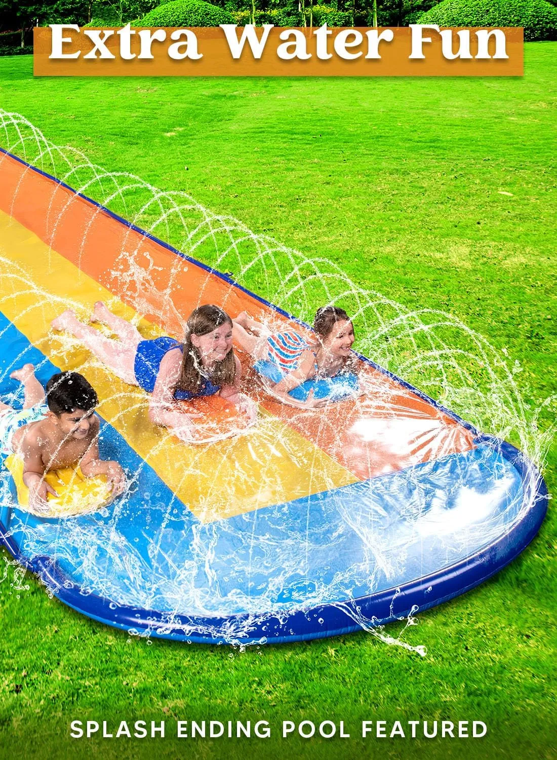 22.5ft Triple Water Slide and 3 Body Boards, Backyard Lawn Water Slides with Outdoor Slip Sprinkler for Kids Adults Summer Water Fun Toy