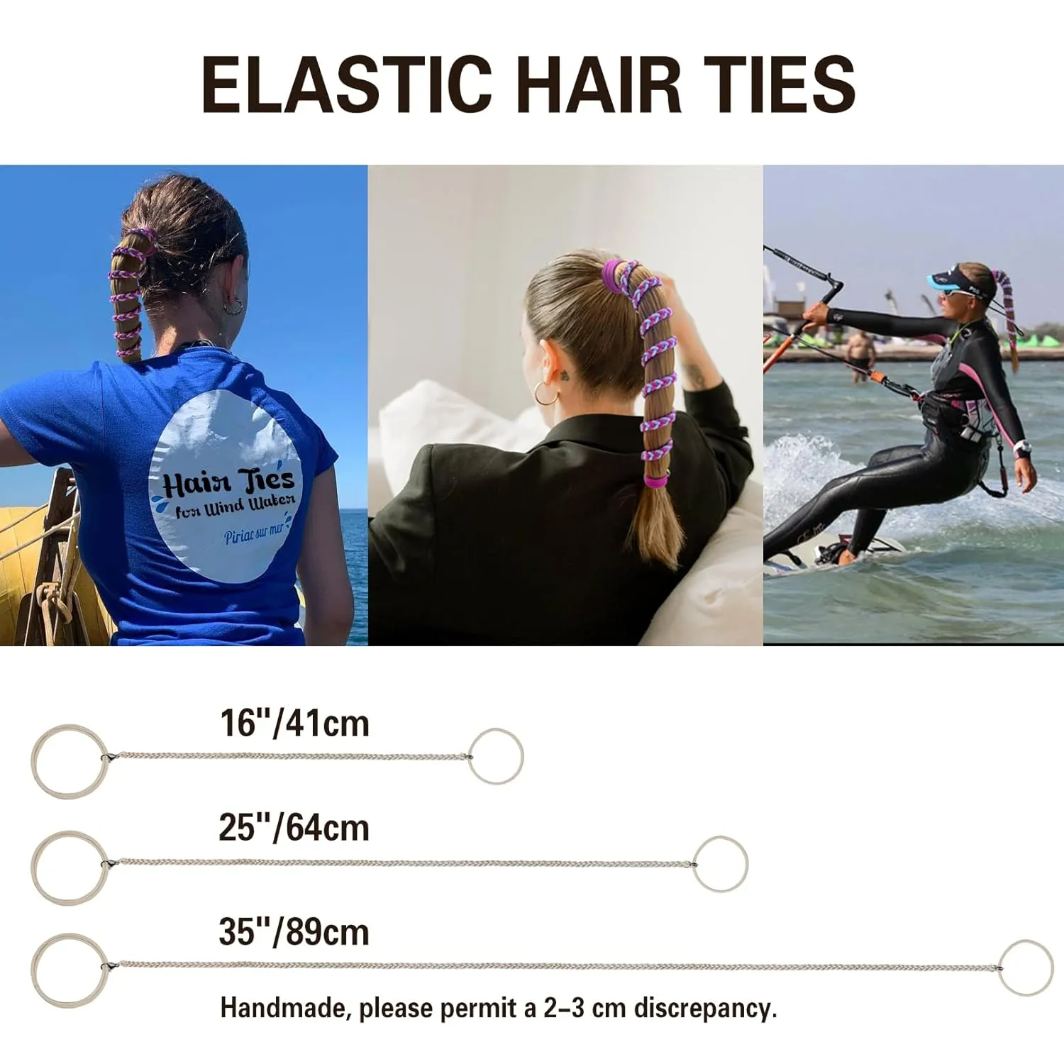 3 Packs 16" Ponytail Holder Hair Ties, Elastic Hair Wrap Braided Long Spirals No Tangle for Beach Sports Motorcycle Swimming Diving Surfing Colorful B