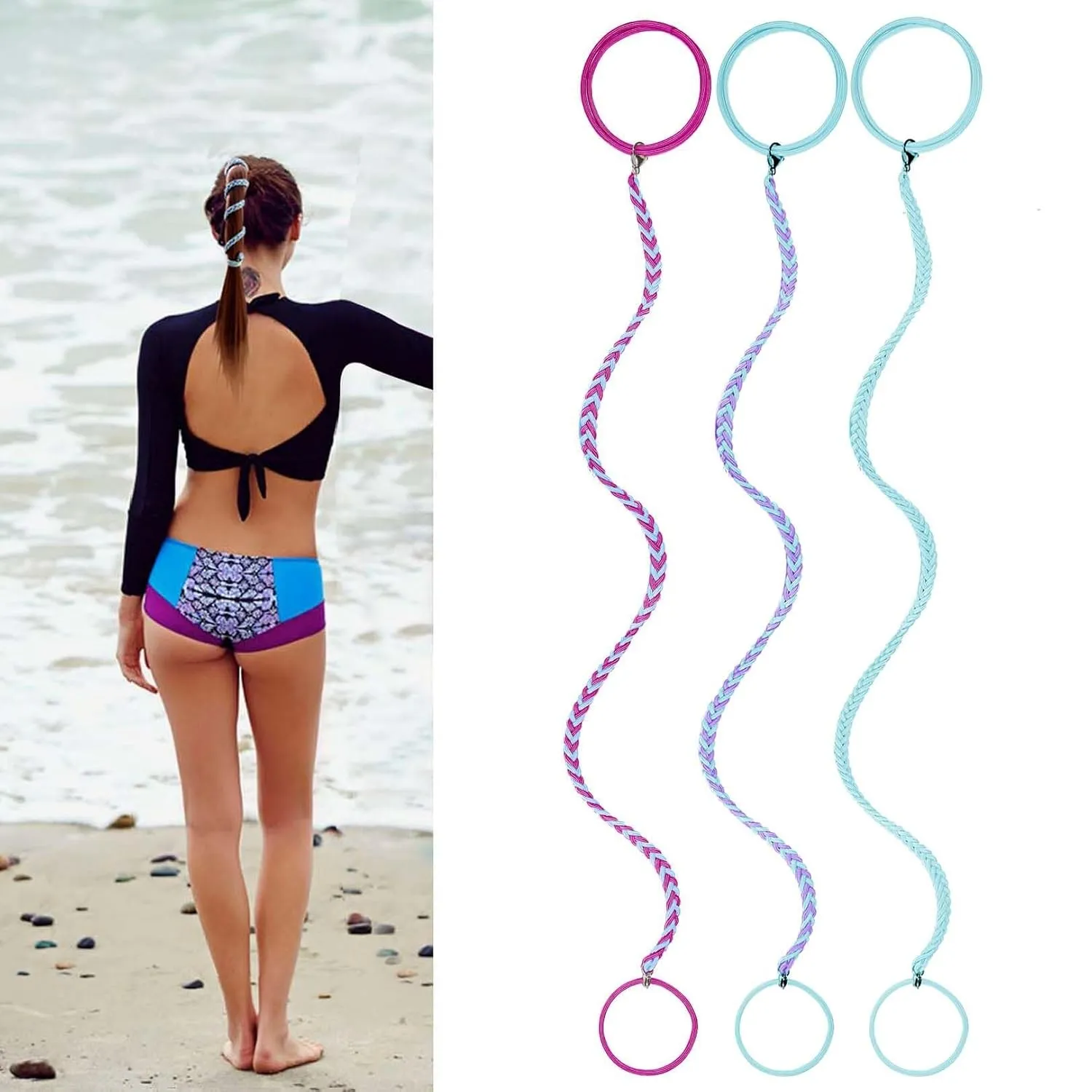 3 Packs 16" Ponytail Holder Hair Ties, Elastic Hair Wrap Braided Long Spirals No Tangle for Beach Sports Motorcycle Swimming Diving Surfing Colorful B