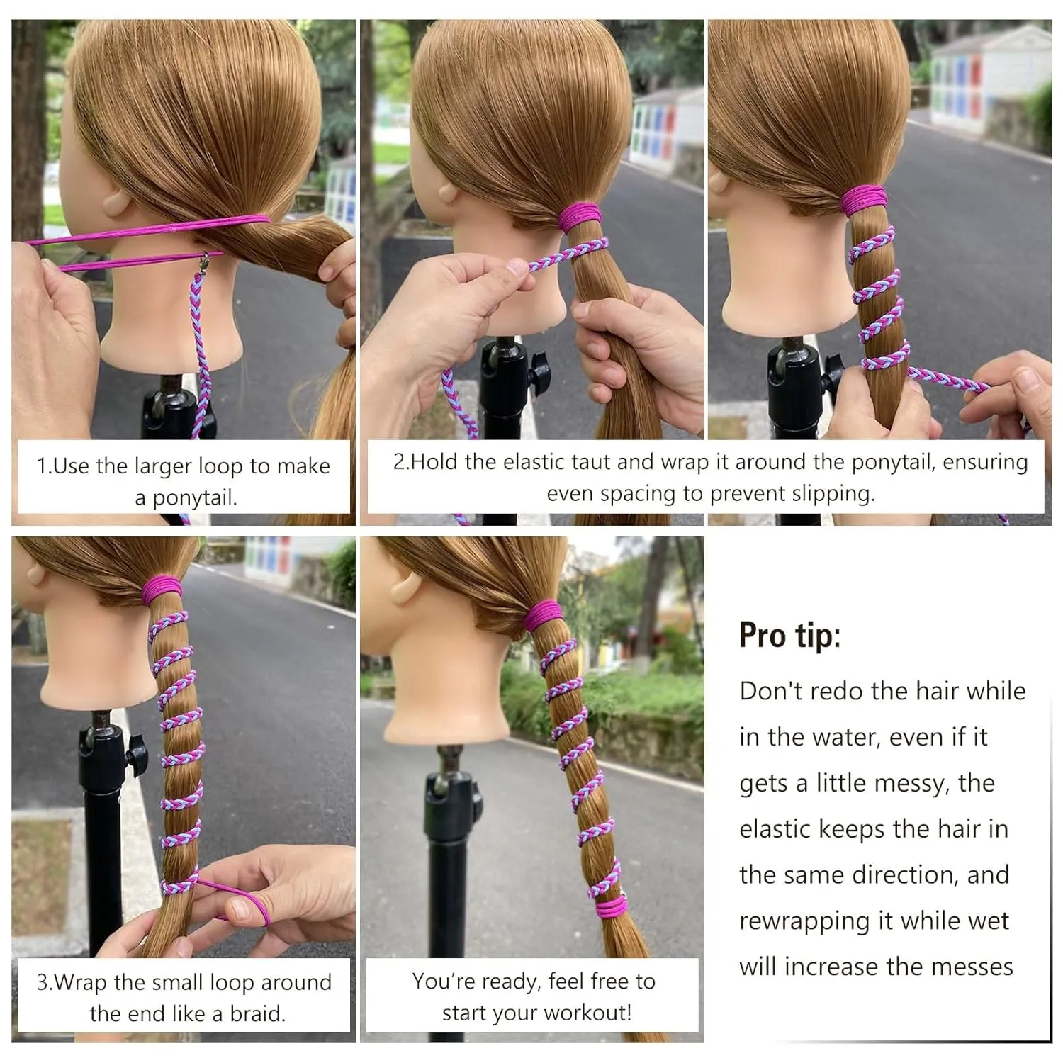 3 Packs 16" Ponytail Holder Hair Ties, Elastic Hair Wrap Braided Long Spirals No Tangle for Beach Sports Motorcycle Swimming Diving Surfing Colorful B