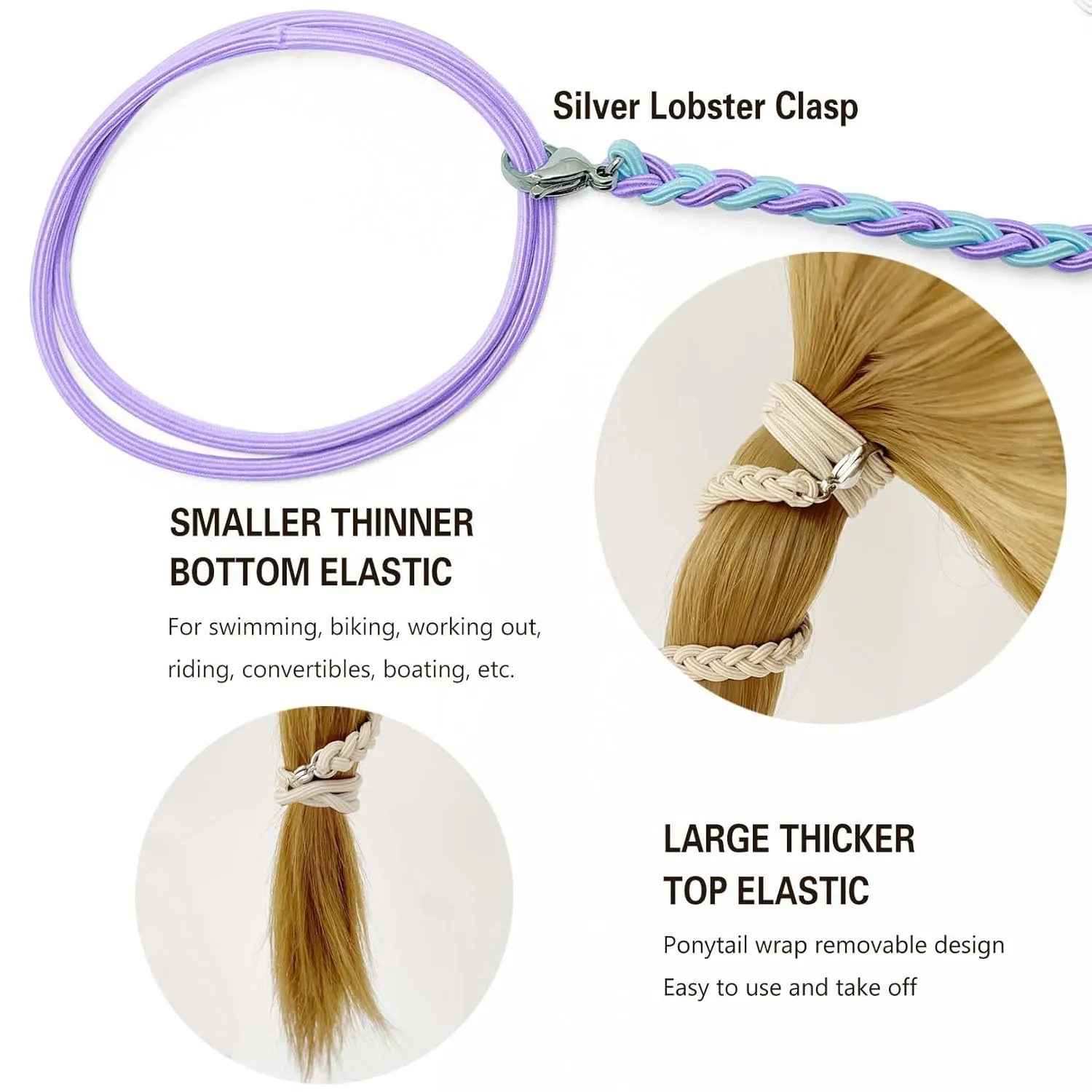 3 Packs 16" Ponytail Holder Hair Ties, Elastic Hair Wrap Braided Long Spirals No Tangle for Beach Sports Motorcycle Swimming Diving Surfing Colorful B