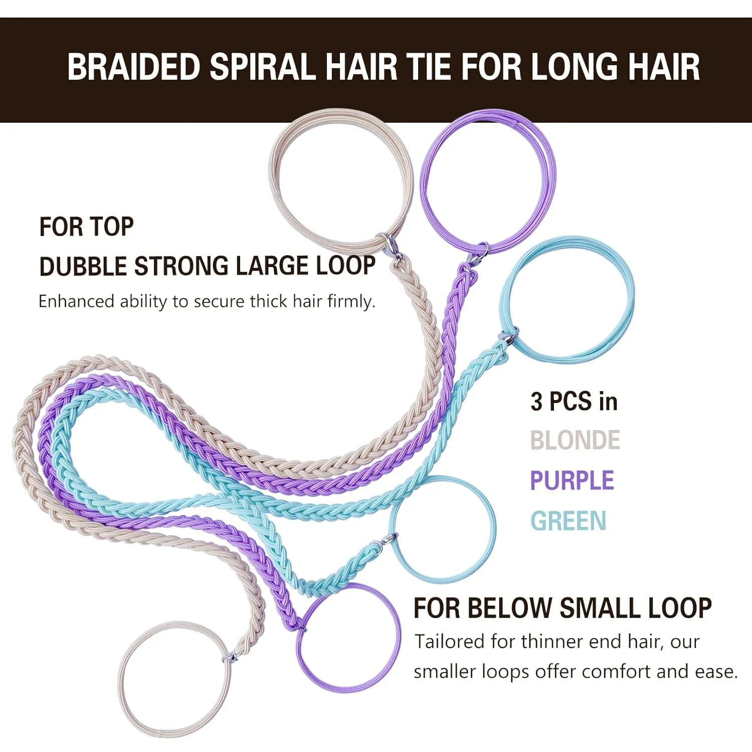 3 Packs 25" Spiral Hair Tie Sprots Ponytail Holders, Elastic Braided Hair Ties No Damage, Pony Tail Wrap for Long Hair for Gym, Swimming, Diving Blonde Green Purple
