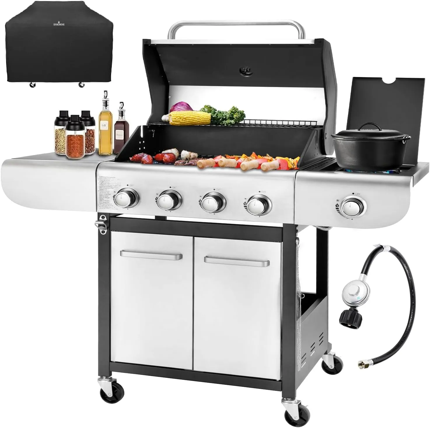 4-Burner Propane Gas BBQ Grill with Side Burner, 53,000 BTU Output with Enameled Cast Iron Grates for Patio Garden Barbecue, Stainless Steel
