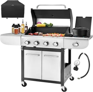 4-Burner Propane Gas BBQ Grill with Side Burner, 53,000 BTU Output with Enameled Cast Iron Grates for Patio Garden Barbecue, Stainless Steel