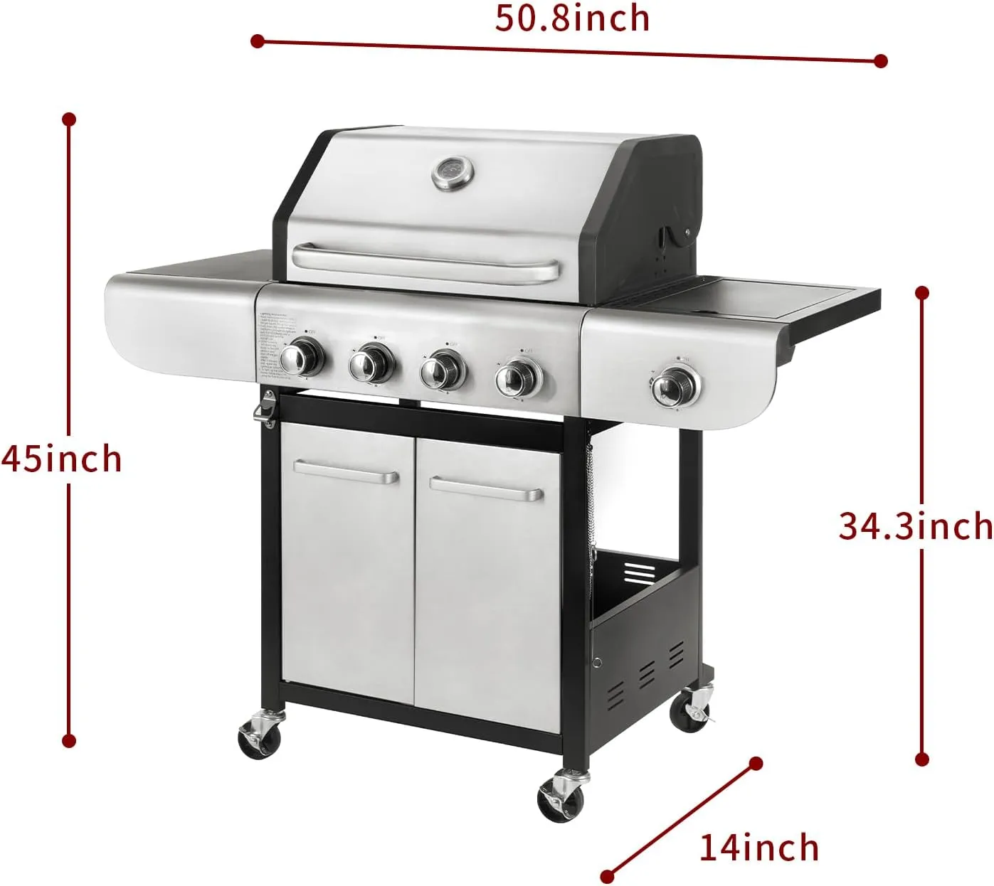 4-Burner Propane Gas BBQ Grill with Side Burner, 53,000 BTU Output with Enameled Cast Iron Grates for Patio Garden Barbecue, Stainless Steel