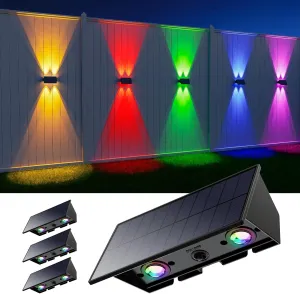 4 Pack Color Changing Solar Powered Fence Lights for Outside Up and Down Wall Mount Lamps Outdoor RGB Decorative Waterproof LED for Porch, Deck, Patio, Yard, 4 Lenses for High Brightness Illumination
