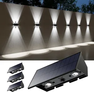 4 Pack Solar Powered Wall Lights for Outside Up and Down Fence Mount LED Outdoor Decorative Waterproof Lamps for Porch, Deck, Patio, Yard, Gate, 4 Lenses Designed for Accent Lighting (Cool White)