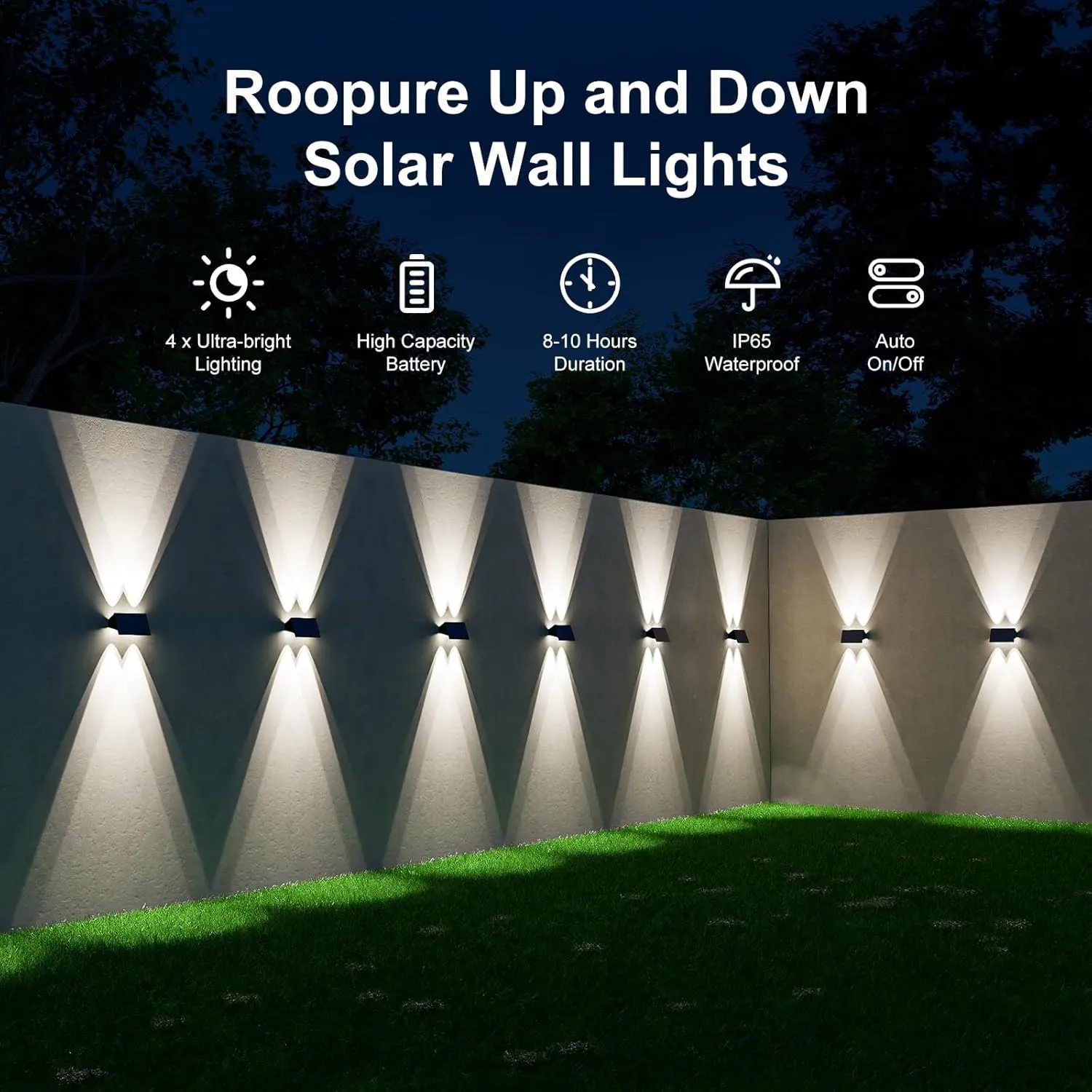 4 Pack Solar Powered Wall Lights for Outside Up and Down Fence Mount LED Outdoor Decorative Waterproof Lamps for Porch, Deck, Patio, Yard, Gate, 4 Lenses Designed for Accent Lighting (Cool White)