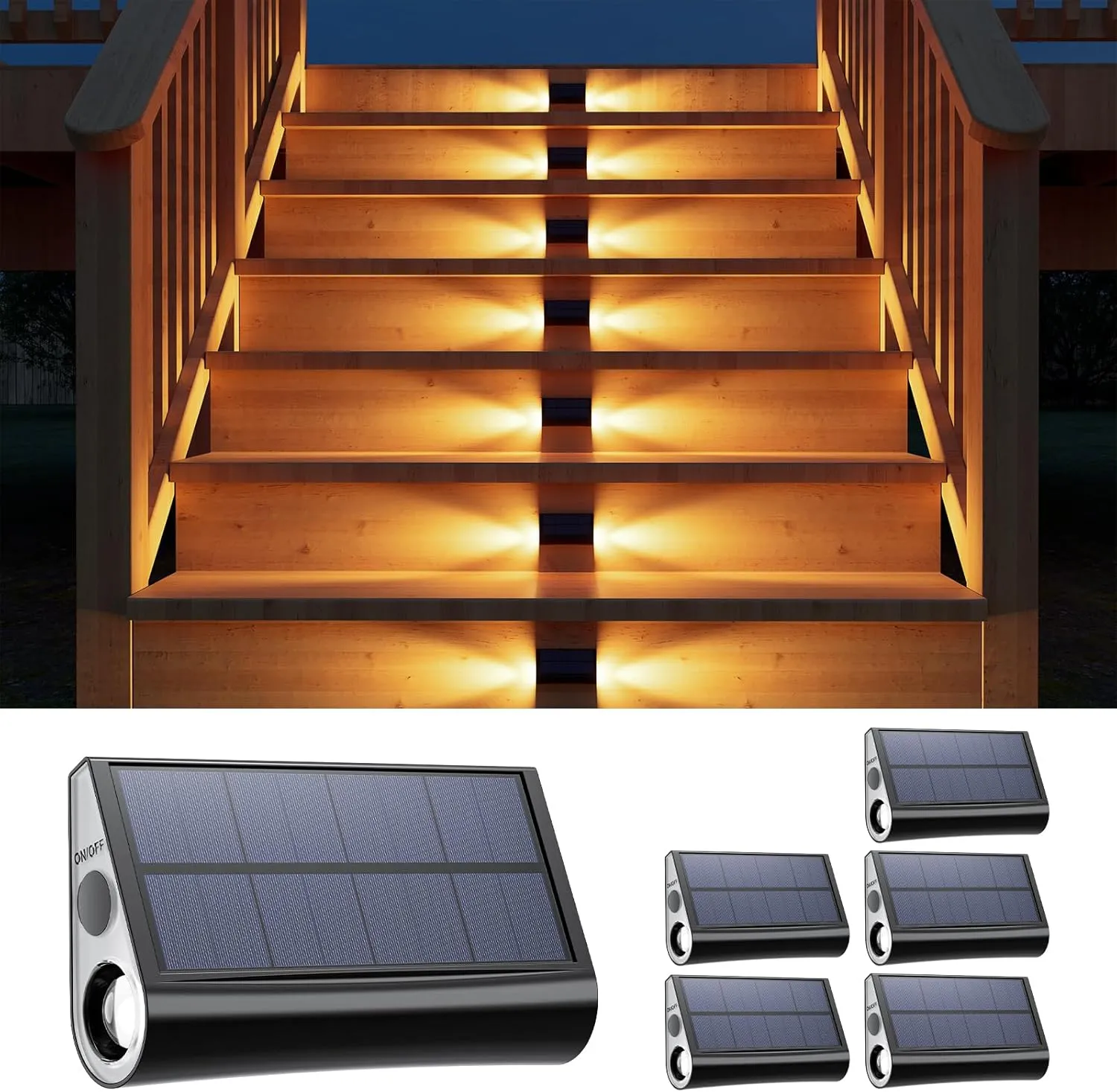 6 Pack Solar Powered Step Lights Outdoor Waterproof LED for Deck Stair Safety Outside Decorative Lamps for Porch Railing, Fence, Walkway, Yard, Patio, 2 Sided Warm White Lighting for Enhanced Security