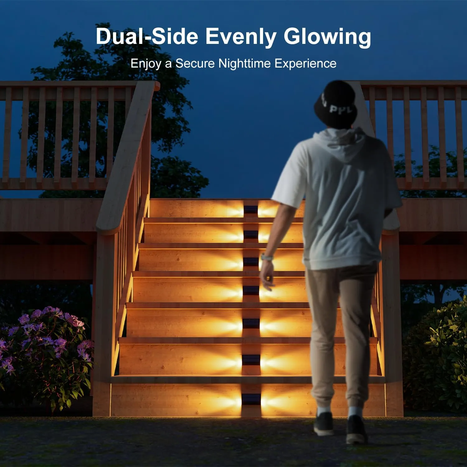 6 Pack Solar Powered Step Lights Outdoor Waterproof LED for Deck Stair Safety Outside Decorative Lamps for Porch Railing, Fence, Walkway, Yard, Patio, 2 Sided Warm White Lighting for Enhanced Security