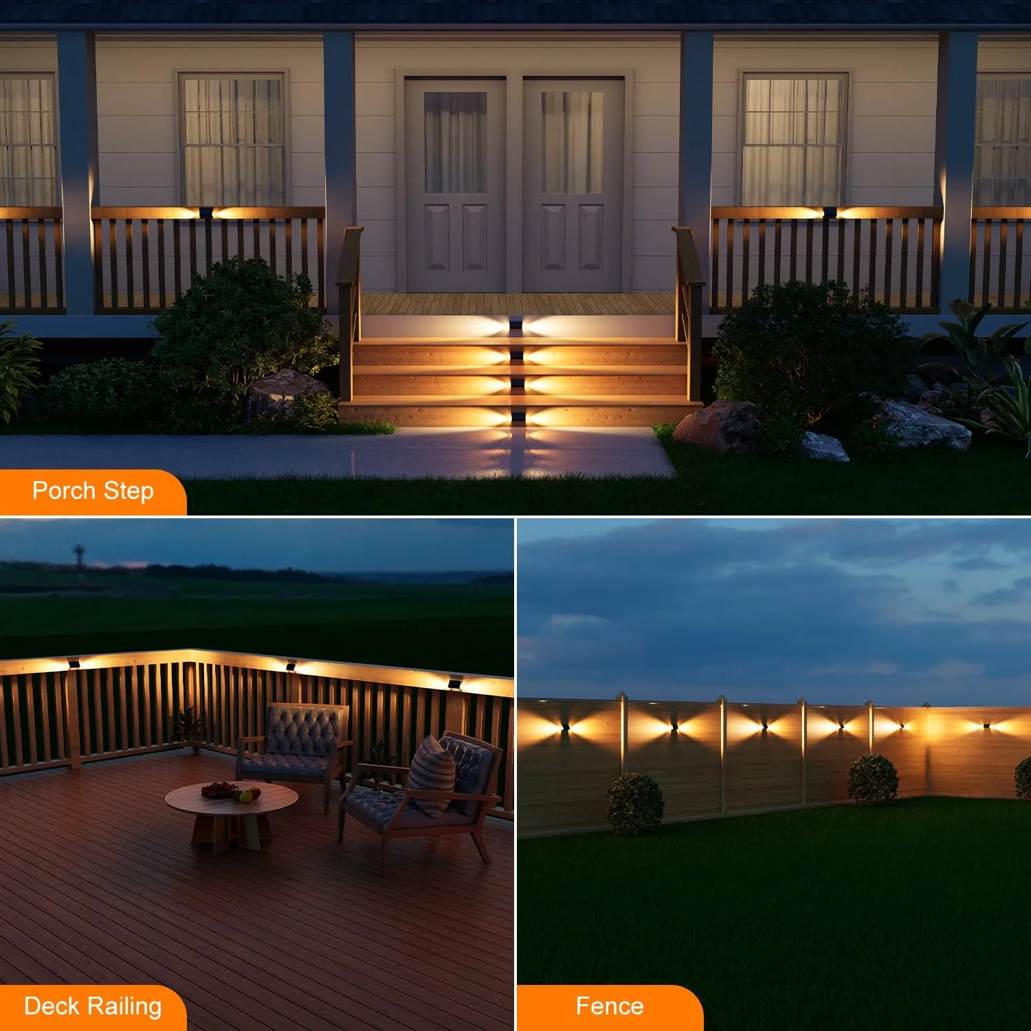 6 Pack Solar Powered Step Lights Outdoor Waterproof LED for Deck Stair Safety Outside Decorative Lamps for Porch Railing, Fence, Walkway, Yard, Patio, 2 Sided Warm White Lighting for Enhanced Security