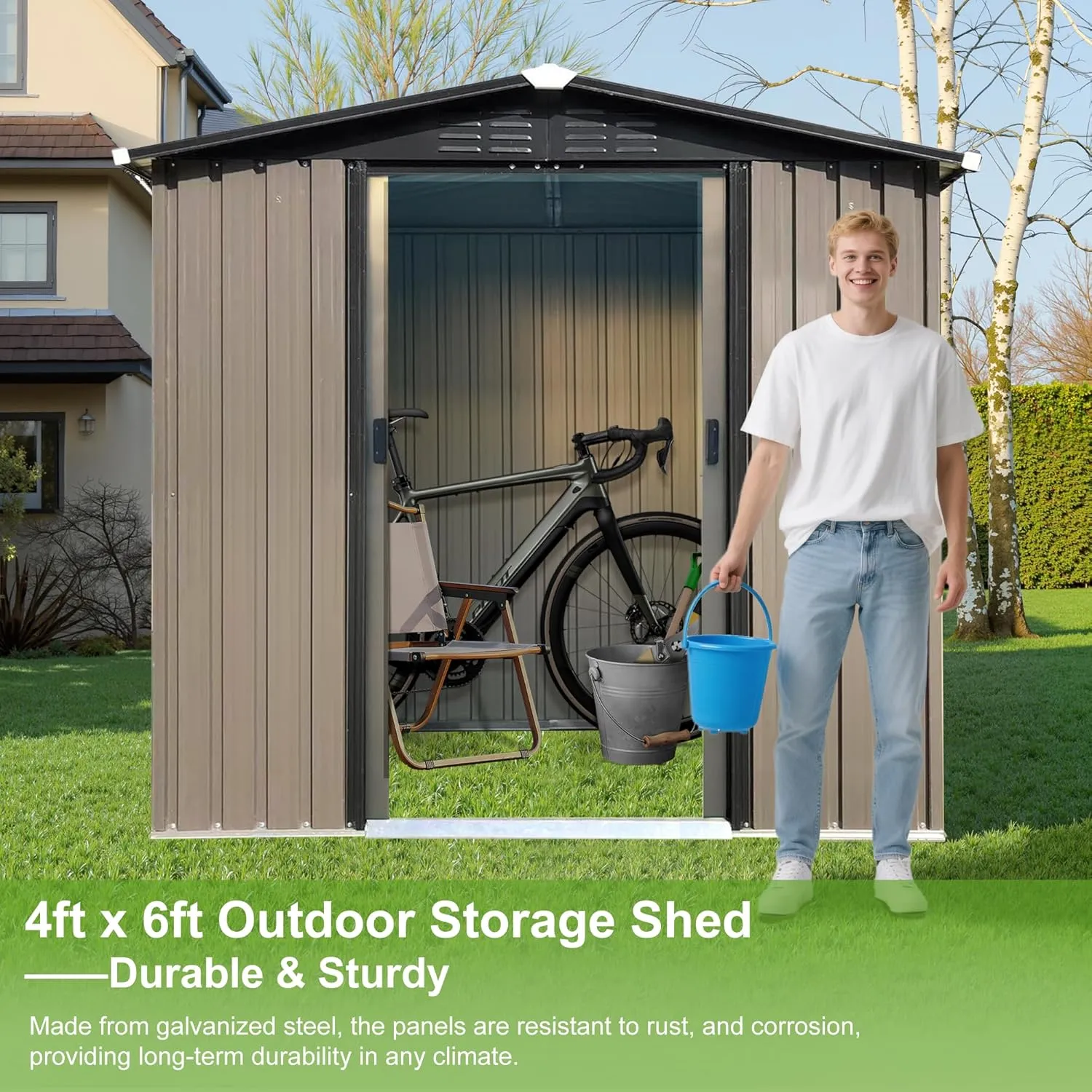 6×4ft Outdoor Storage Shed, Metal Garden Shelter with Sliding Door, Weatherproof Heavy Duty Tool Shed, Easy Assembly, Ideal for Backyard & Garden Equipment