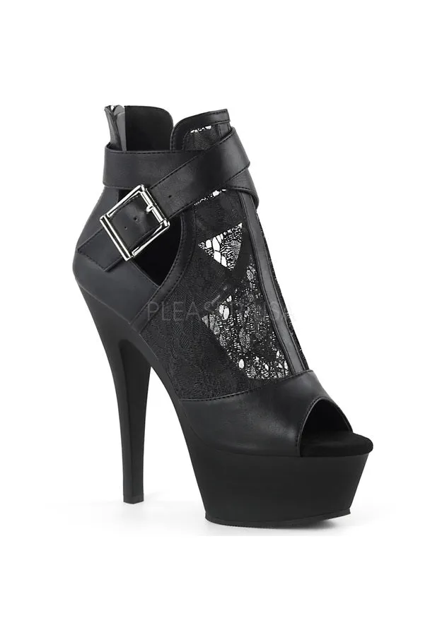 6" Heel, 1 3/4" PF Open Toe Buckled Strap Bootie Back Zip
