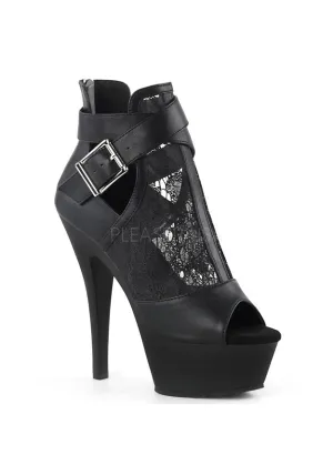 6" Heel, 1 3/4" PF Open Toe Buckled Strap Bootie Back Zip