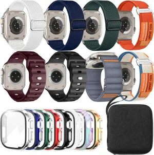 8 Pack Compatible with Apple Watch Ultra Band 49mm and Electroplating Screen Protector Case, Trail Loop Alpine Loop Sport Loop Ocean Band for Ultra 2 49mm and Apple Watch Case with Storage Bag