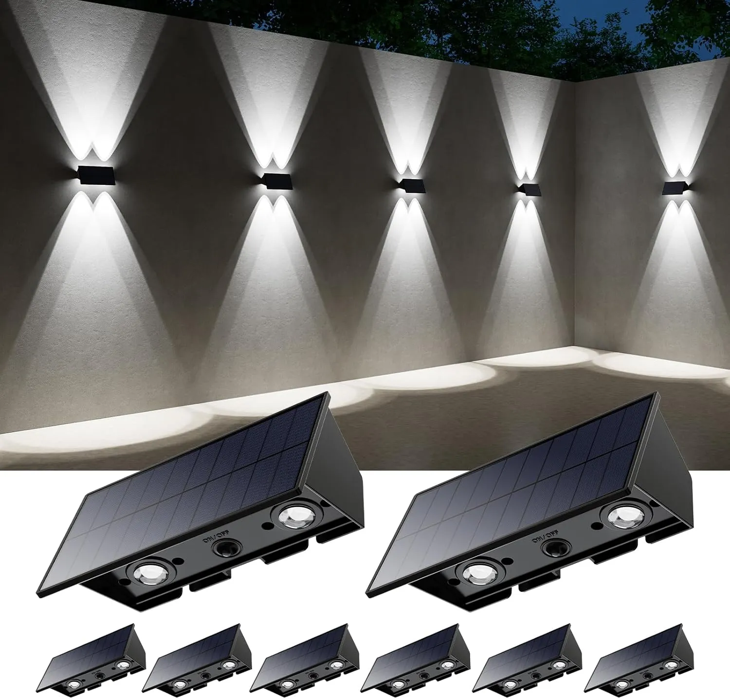 8 Pack Solar Powered Fence Lights Outdoor Up and Down Wall Mount LED Decorative Waterproof Lamps for Outside Patio, Backyard, House, Front Door, Auto On-Off Function for Energy Saving (Cool White)