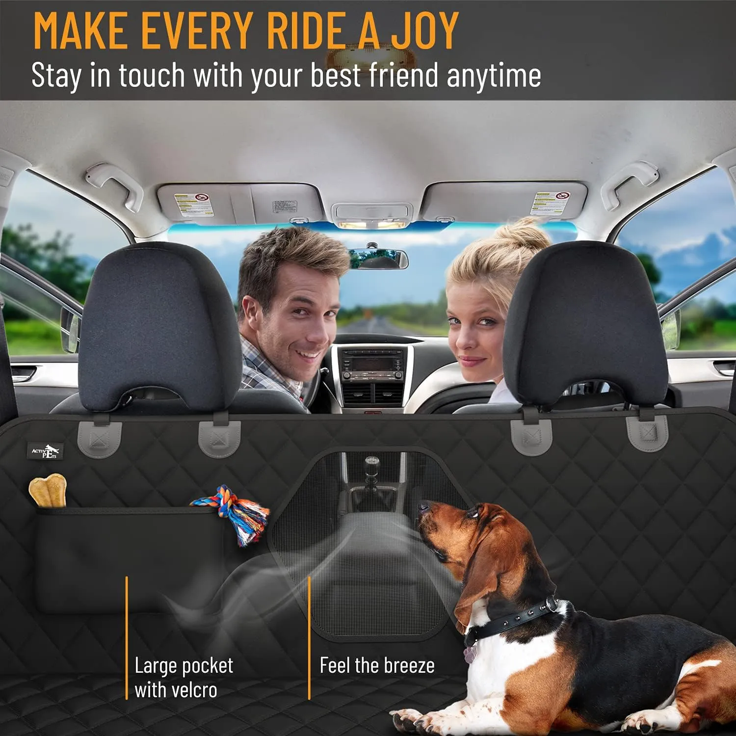Active Pets Dog Car Seat Cover for Back Seat, Waterproof Pet Protection Hammock, SUV Truck Car Backseat Protector with Safety Features, Black
