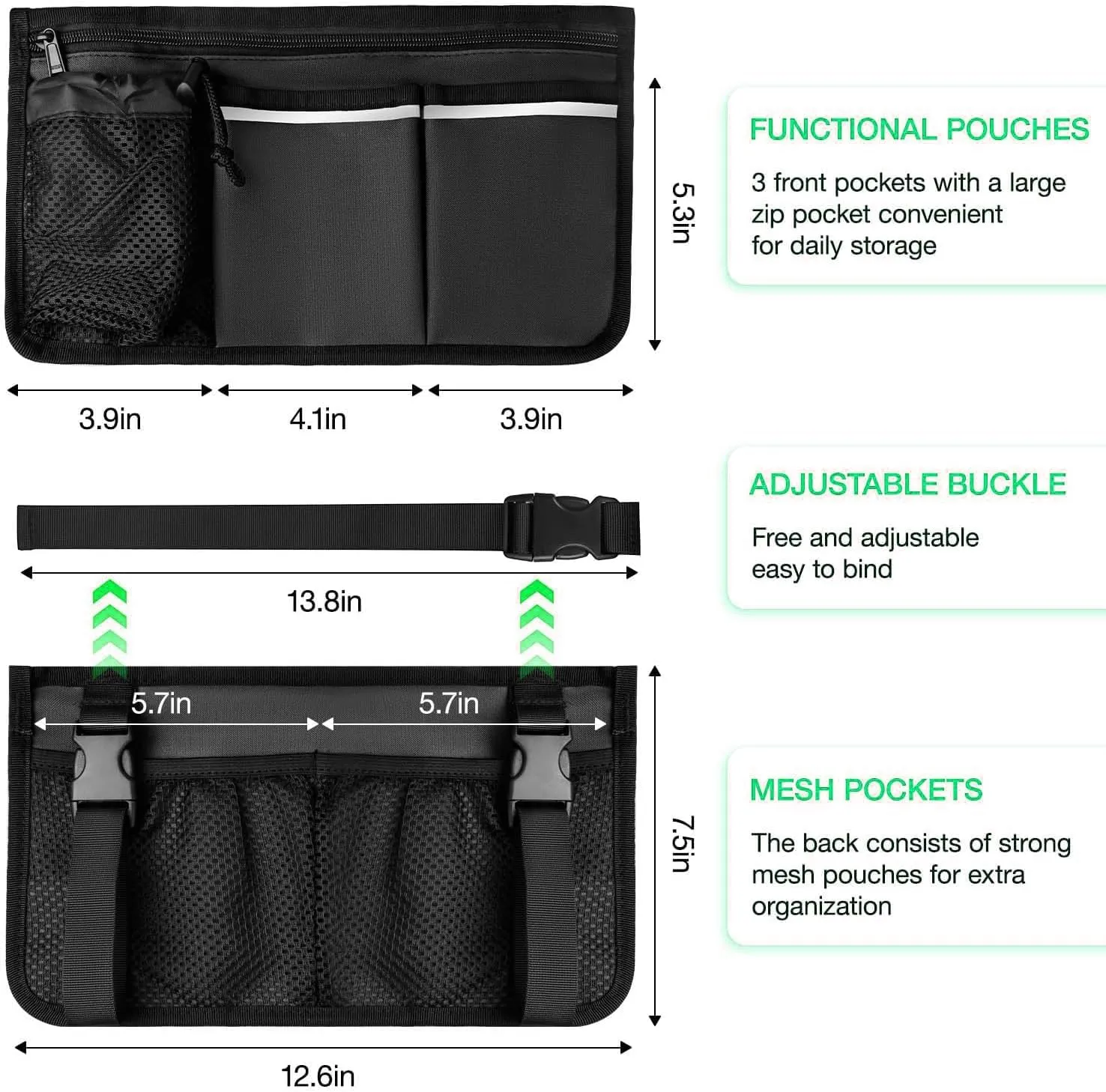 Adjustable Wheelchair Storage Organizer - Water-Resistant Bag with 4 Compartments, Universal Straps for Wheelchairs/Rollators/Walkers, Lightweight Travel Accessories (Black)