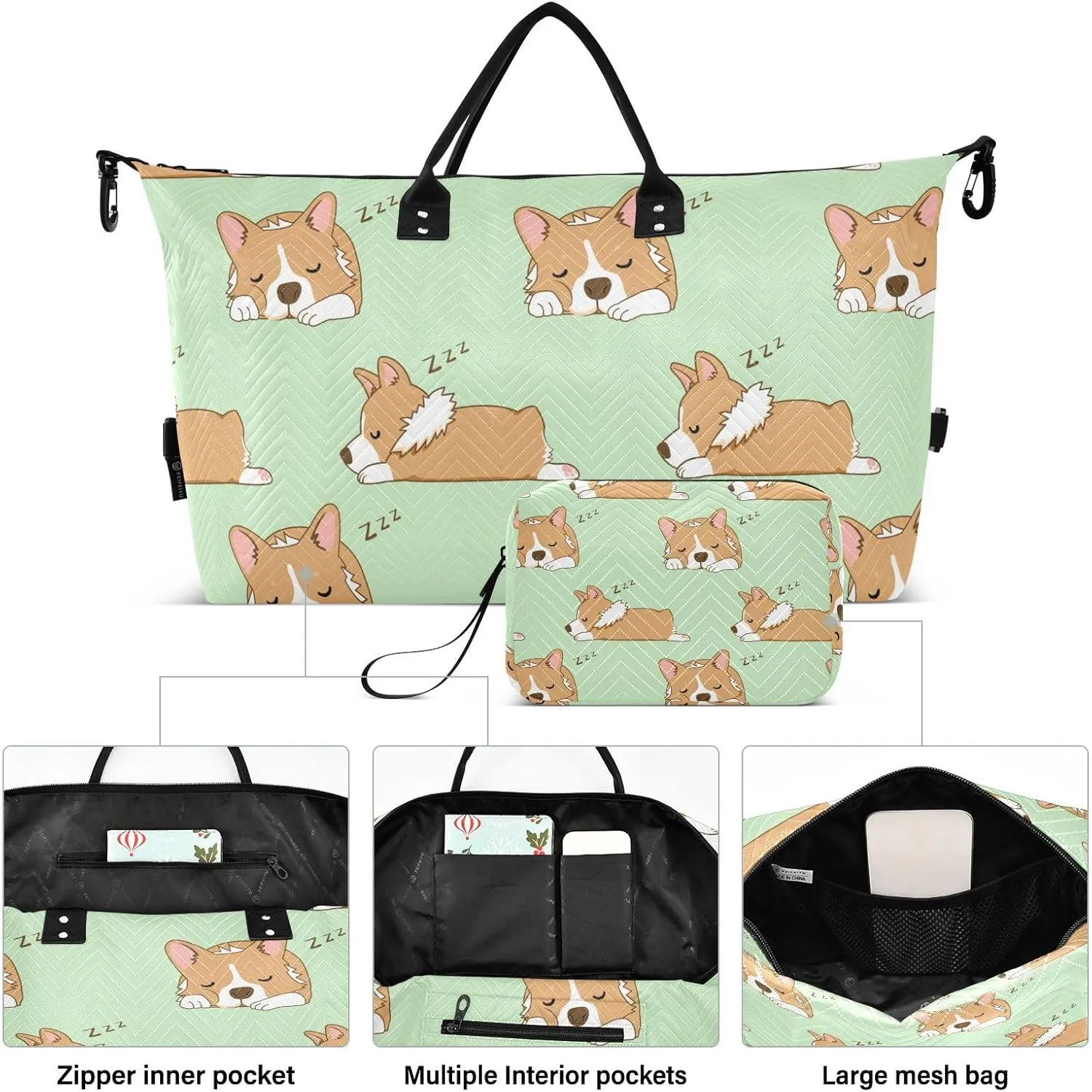 Aflyko Travel Duffel Bag Sleepy Corgi Dog Sport Tote Gym Bag Weekender Overnight Bag for Men Women Flight Approved Carry On Bag Fitness Dance Go-To Bag Daily Bag