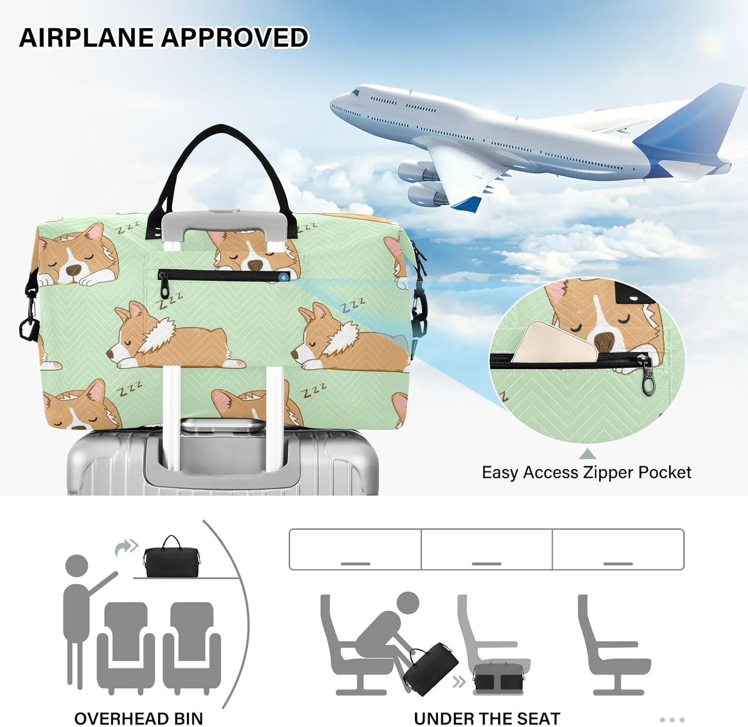 Aflyko Travel Duffel Bag Sleepy Corgi Dog Sport Tote Gym Bag Weekender Overnight Bag for Men Women Flight Approved Carry On Bag Fitness Dance Go-To Bag Daily Bag