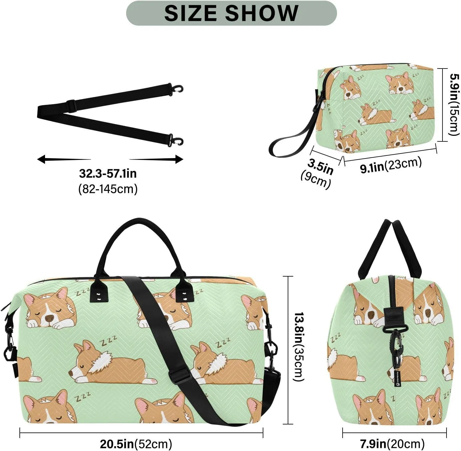 Aflyko Travel Duffel Bag Sleepy Corgi Dog Sport Tote Gym Bag Weekender Overnight Bag for Men Women Flight Approved Carry On Bag Fitness Dance Go-To Bag Daily Bag