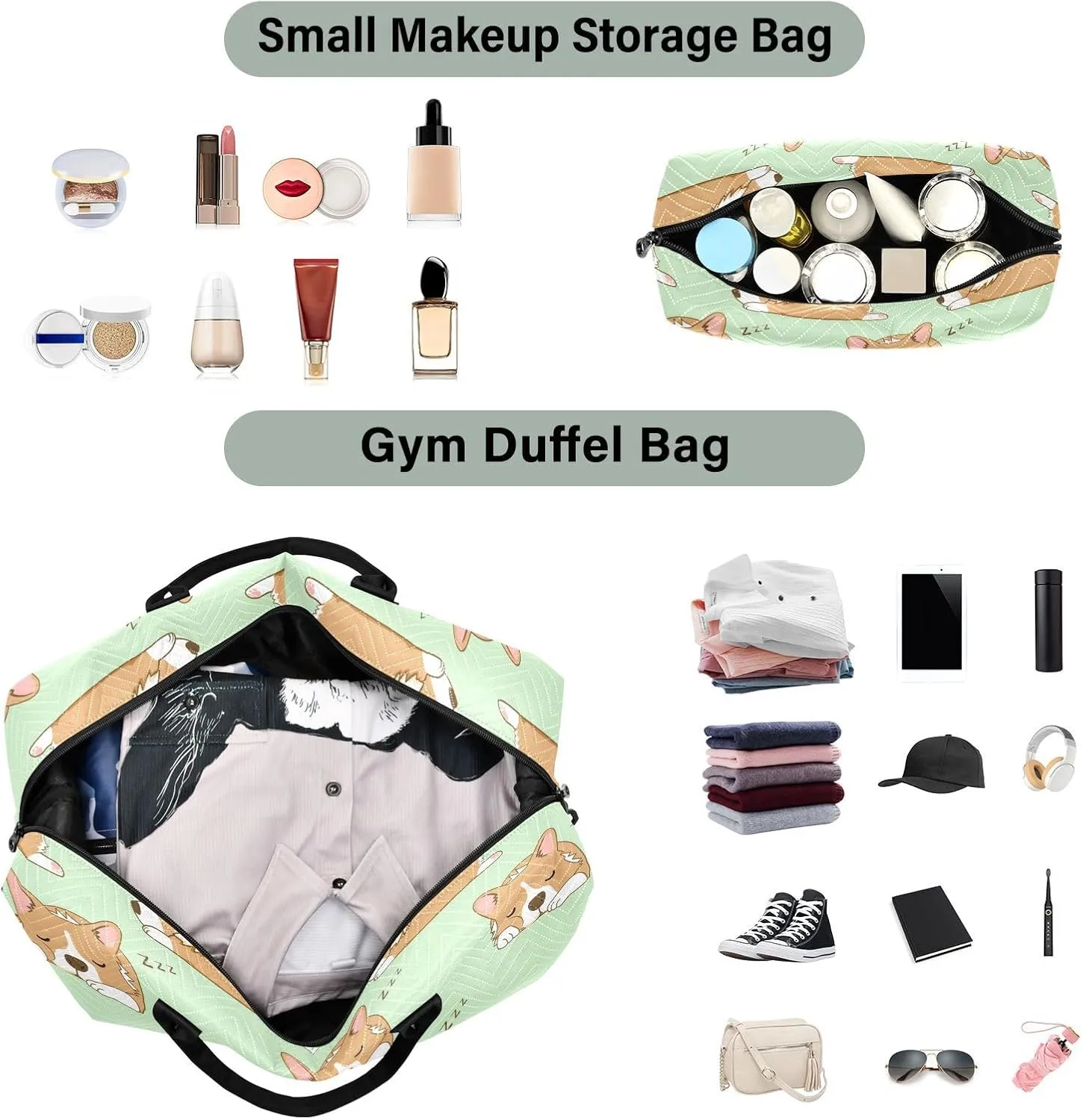 Aflyko Travel Duffel Bag Sleepy Corgi Dog Sport Tote Gym Bag Weekender Overnight Bag for Men Women Flight Approved Carry On Bag Fitness Dance Go-To Bag Daily Bag