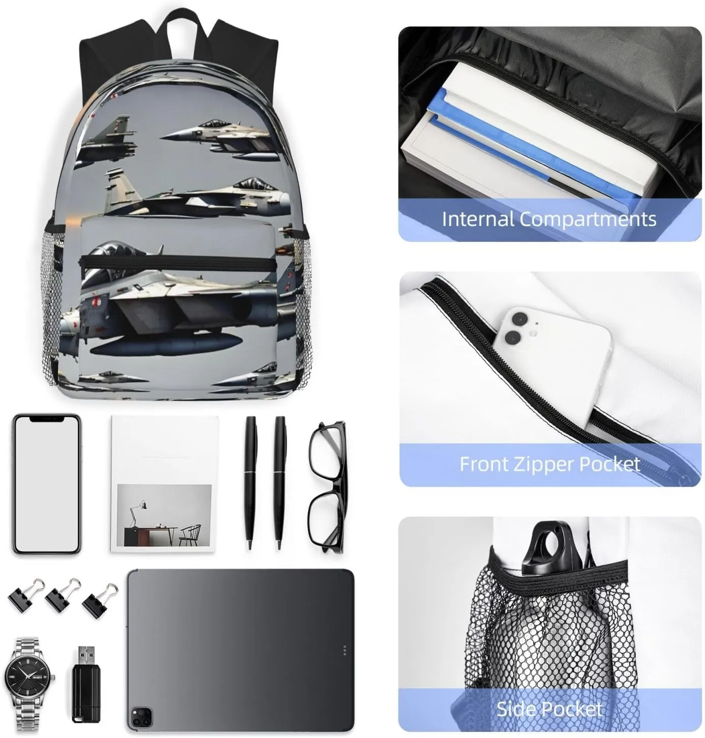Aircraft Fighter Jets Print Backpack For Men And Women Lightweight Backpack Casual Daypack For Workplace Travel
