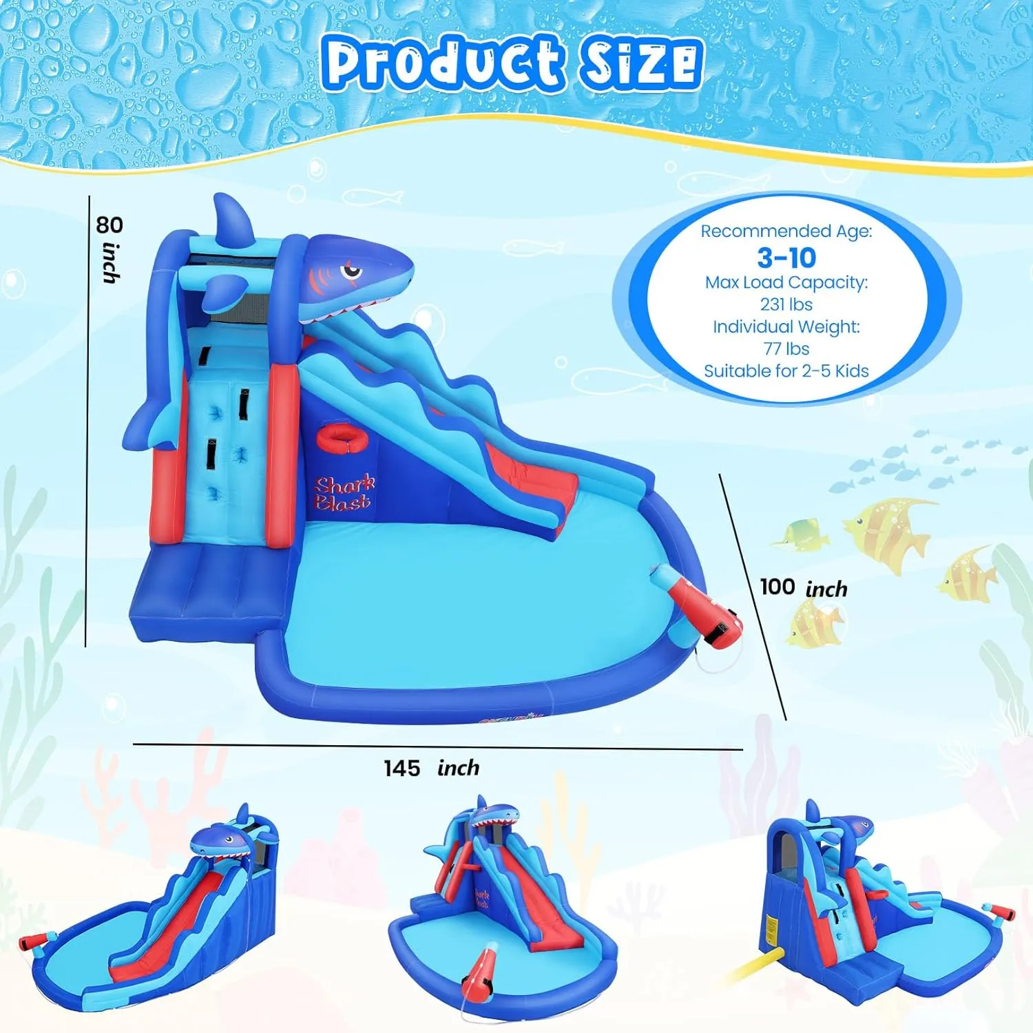 AKEYDIY Inflatable Water Slide - Shark Water Bounce House, Blow Up Water Slide Park w/Splash Pool,Long Slide,Climb Wall,Basket-Rim,Water Cannon,Shower Head,Water Inflatables for Kids Backyard 3-12