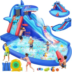 AKEYDIY Inflatable Water Slide - Shark Water Bounce House, Blow Up Water Slide Park w/Splash Pool,Long Slide,Climb Wall,Basket-Rim,Water Cannon,Shower Head,Water Inflatables for Kids Backyard 3-12
