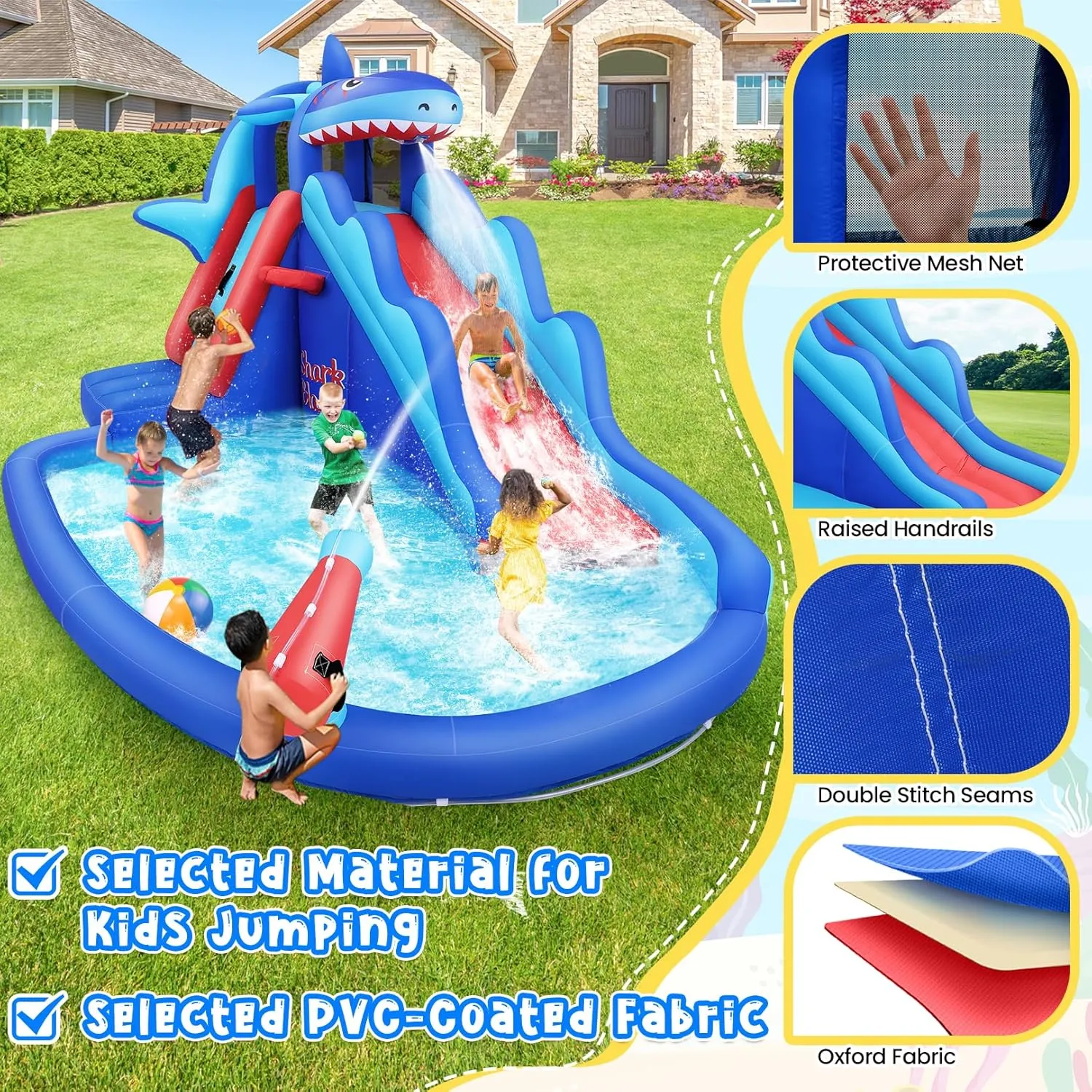 AKEYDIY Inflatable Water Slide - Shark Water Bounce House, Blow Up Water Slide Park w/Splash Pool,Long Slide,Climb Wall,Basket-Rim,Water Cannon,Shower Head,Water Inflatables for Kids Backyard 3-12