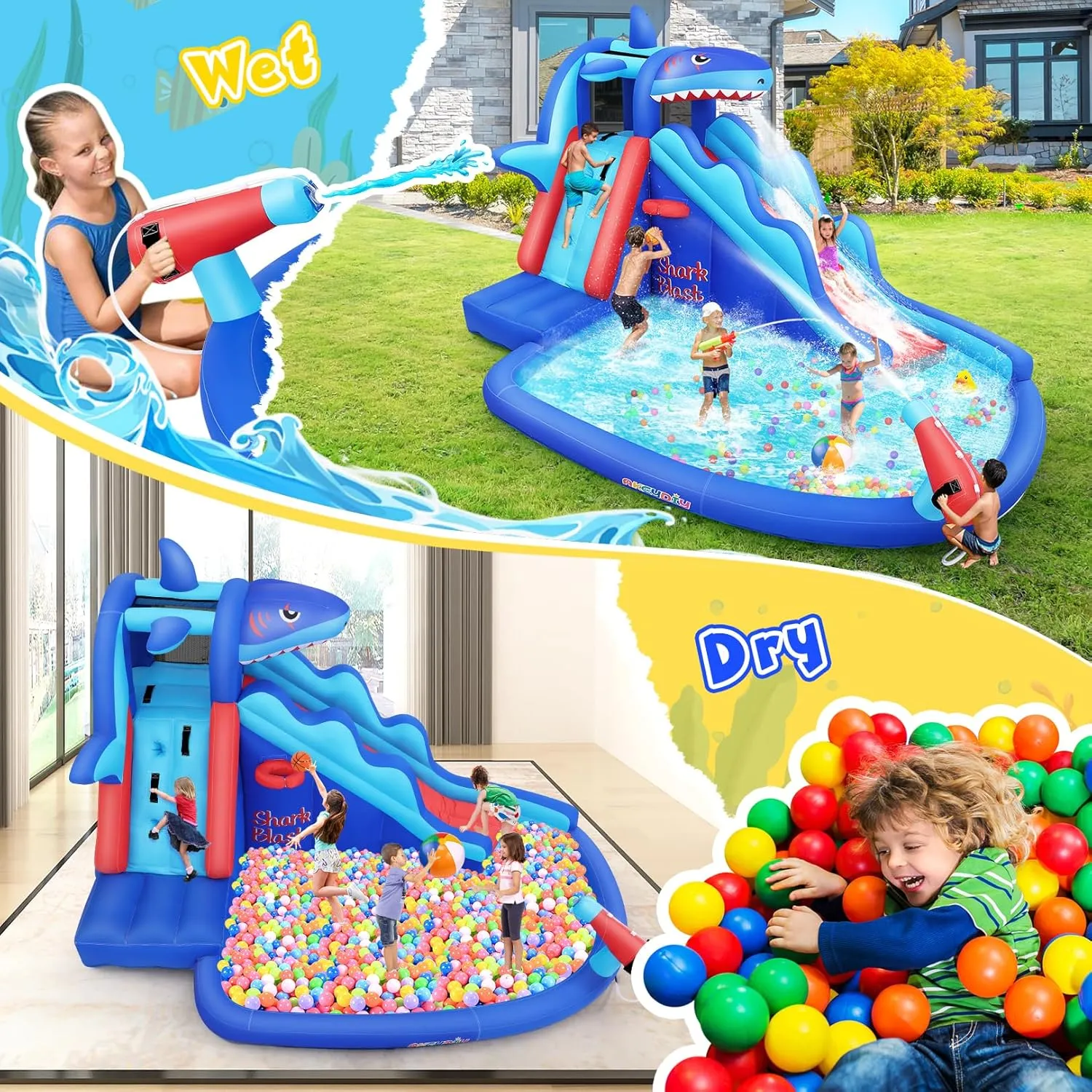 AKEYDIY Inflatable Water Slide - Shark Water Bounce House, Blow Up Water Slide Park w/Splash Pool,Long Slide,Climb Wall,Basket-Rim,Water Cannon,Shower Head,Water Inflatables for Kids Backyard 3-12