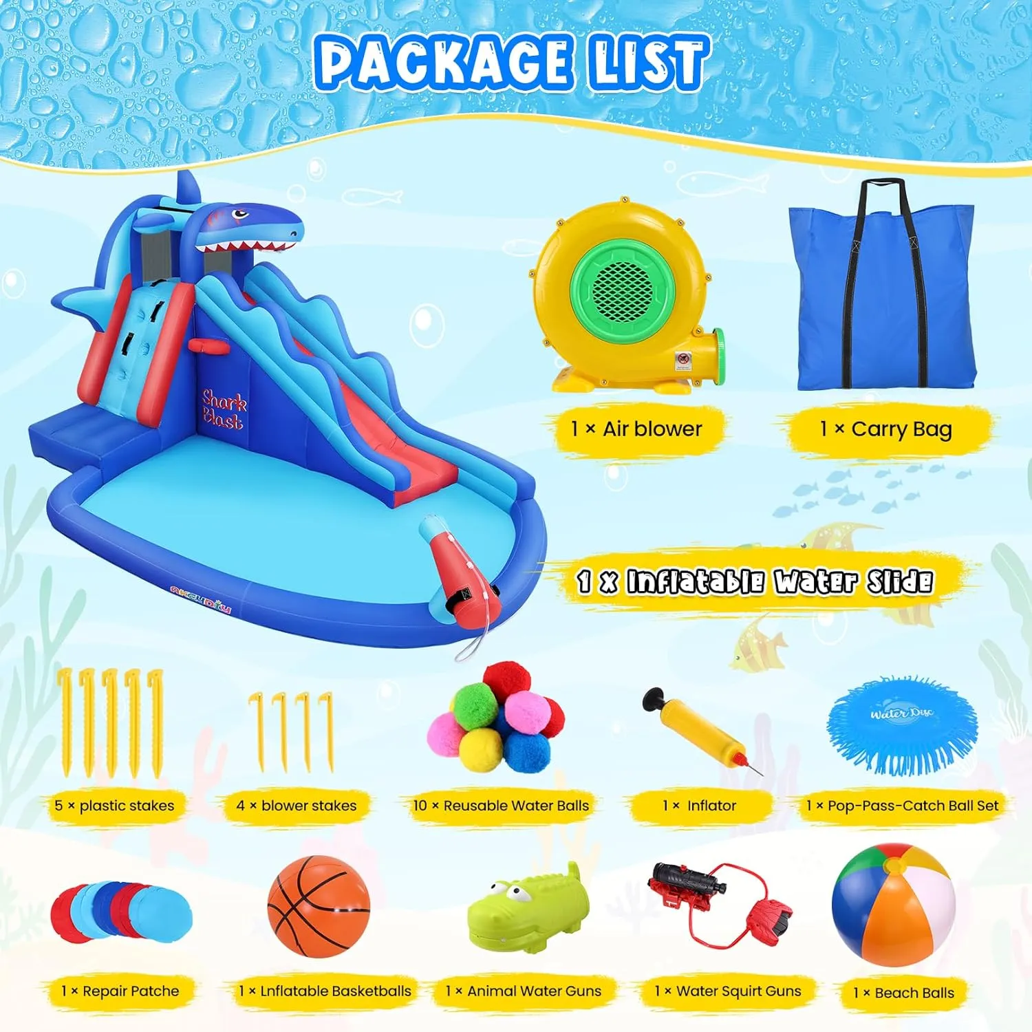 AKEYDIY Inflatable Water Slide - Shark Water Bounce House, Blow Up Water Slide Park w/Splash Pool,Long Slide,Climb Wall,Basket-Rim,Water Cannon,Shower Head,Water Inflatables for Kids Backyard 3-12