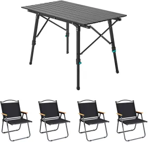 Aluminum Camping Folding Table Chairs, Rectangle Adjustable Height Roll Up Outdoor Portable Chiar Set for Picnic Beach BBQ Cooking