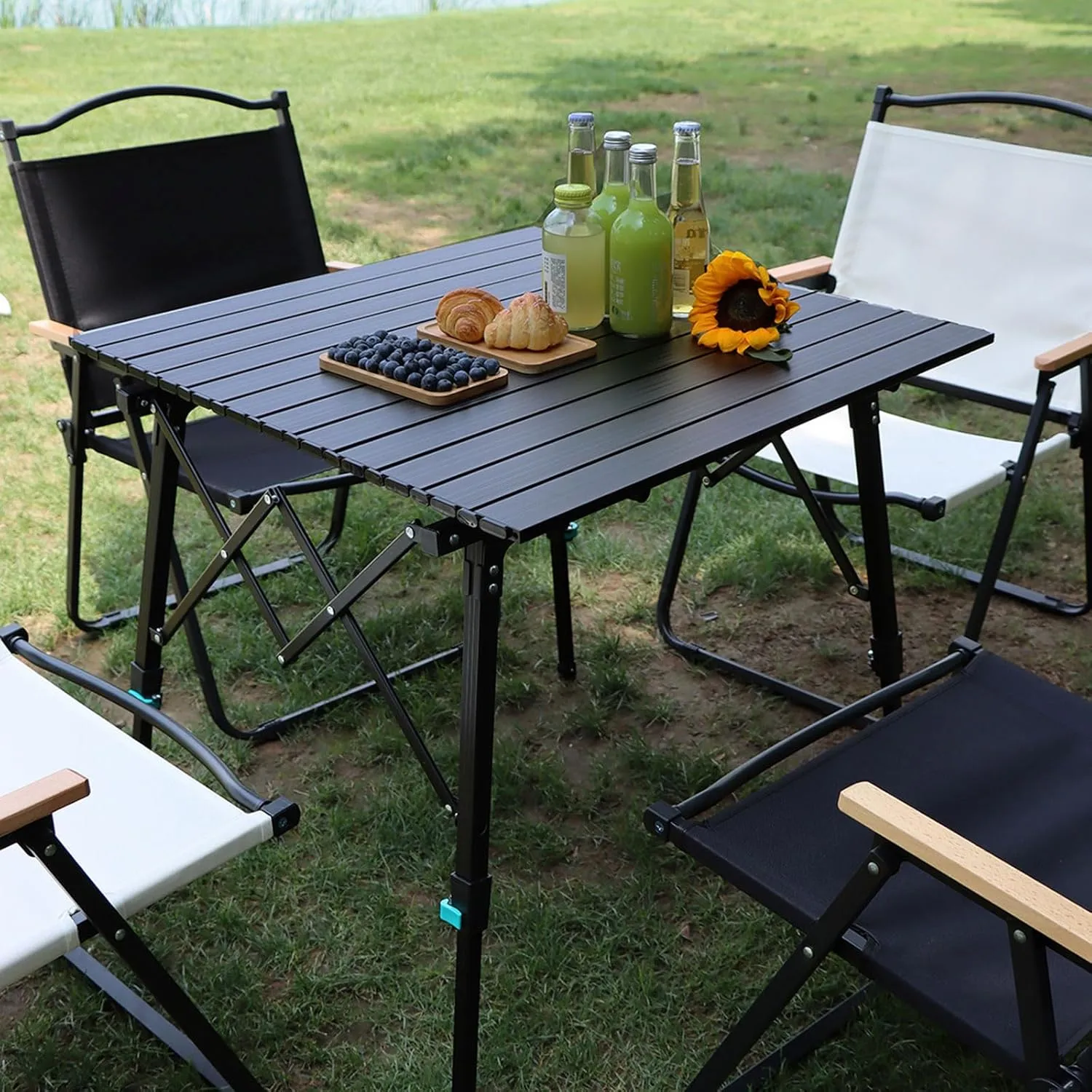 Aluminum Camping Folding Table Chairs, Rectangle Adjustable Height Roll Up Outdoor Portable Chiar Set for Picnic Beach BBQ Cooking