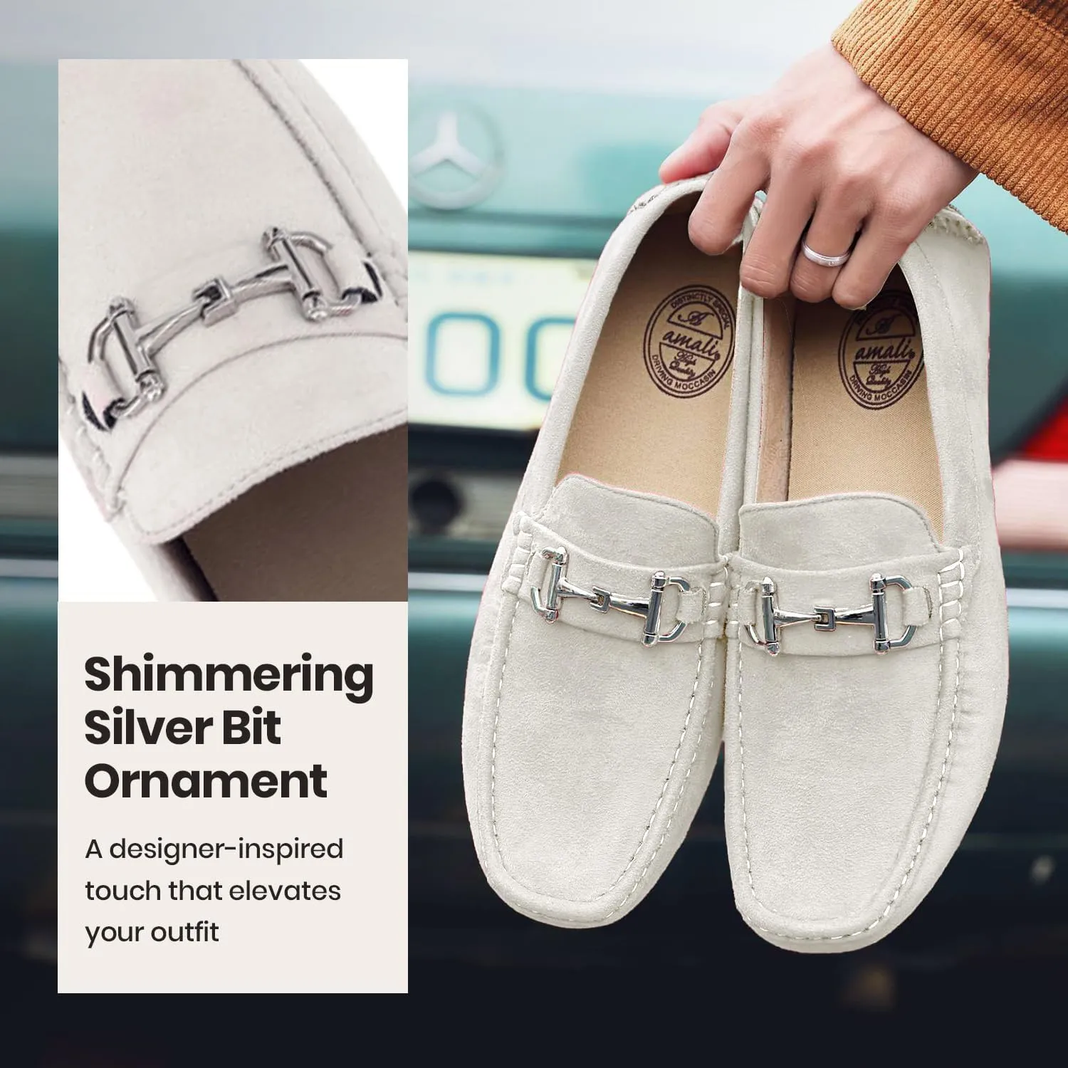 Amali Walken Men's Casual Slip-On Loafers, Driving Moccasin Shoes for Men with Silver Buckle, Available in Plush Microfiber and PU Leather