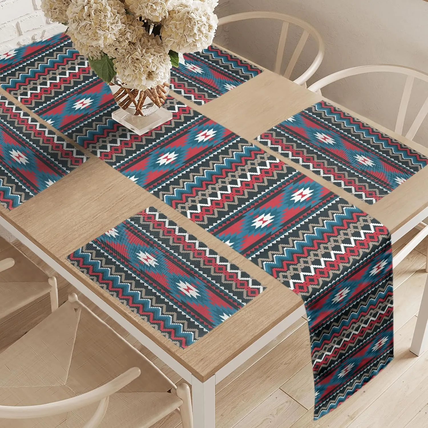 Ambesonne Antique Table Runner & Placemats, Prehistoric Style Folkloric Striped Design Antique Mayan Patterns, Set for Dining Table Decor, Placemat 4 pcs   Runner 16"x72", Black Coral