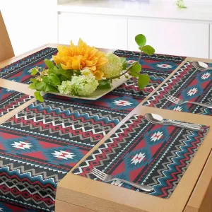 Ambesonne Antique Table Runner & Placemats, Prehistoric Style Folkloric Striped Design Antique Mayan Patterns, Set for Dining Table Decor, Placemat 4 pcs   Runner 16"x72", Black Coral