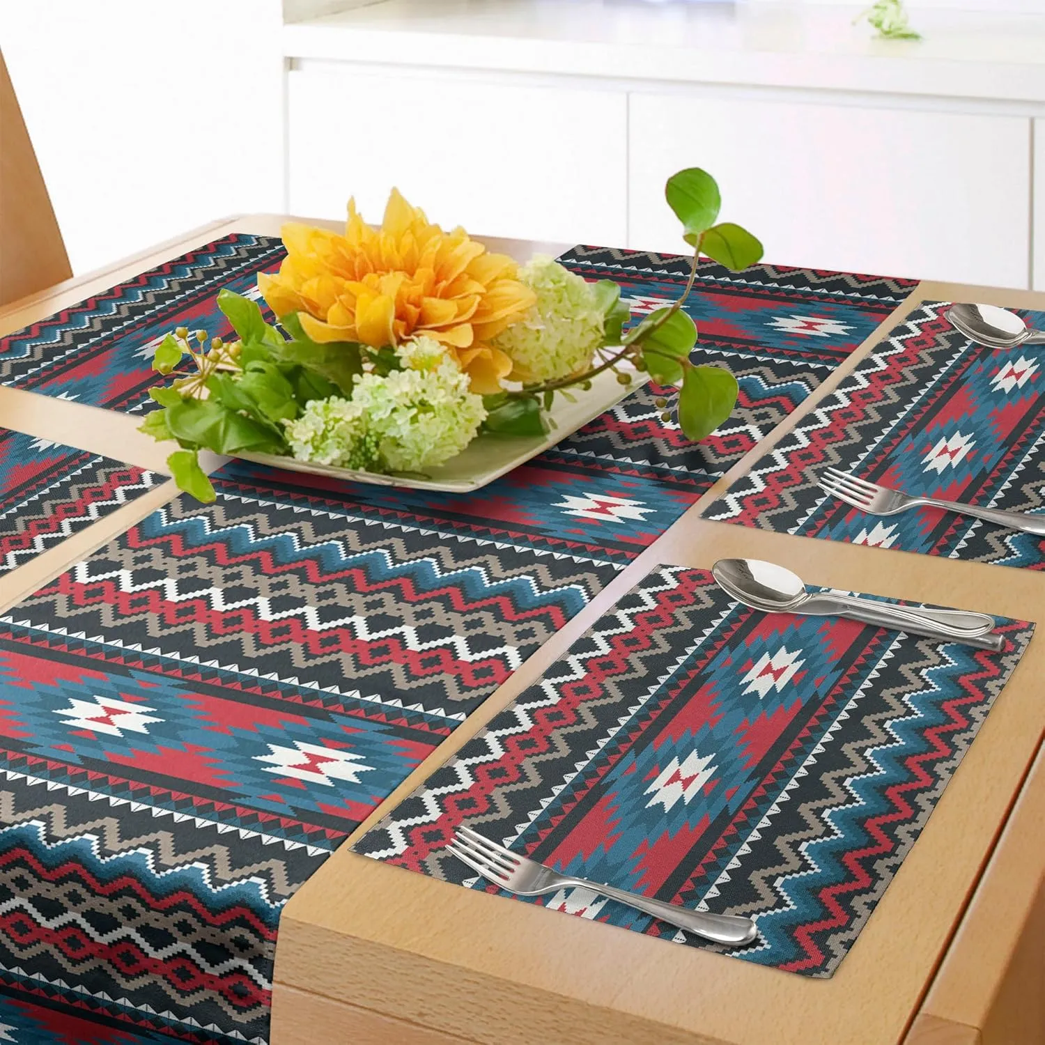 Ambesonne Antique Table Runner & Placemats, Prehistoric Style Folkloric Striped Design Antique Mayan Patterns, Set for Dining Table Decor, Placemat 4 pcs   Runner 16"x72", Black Coral