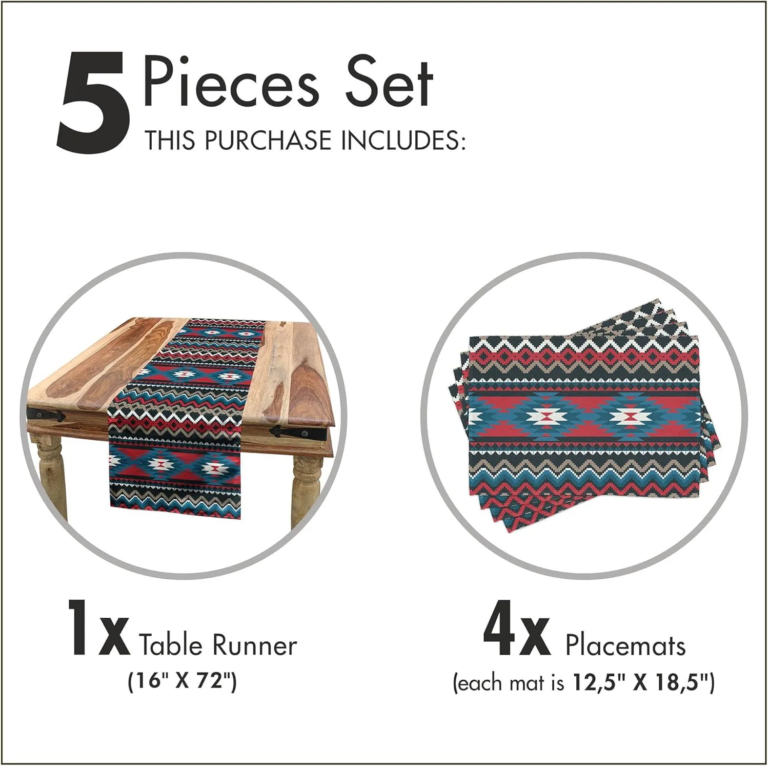 Ambesonne Antique Table Runner & Placemats, Prehistoric Style Folkloric Striped Design Antique Mayan Patterns, Set for Dining Table Decor, Placemat 4 pcs   Runner 16"x72", Black Coral