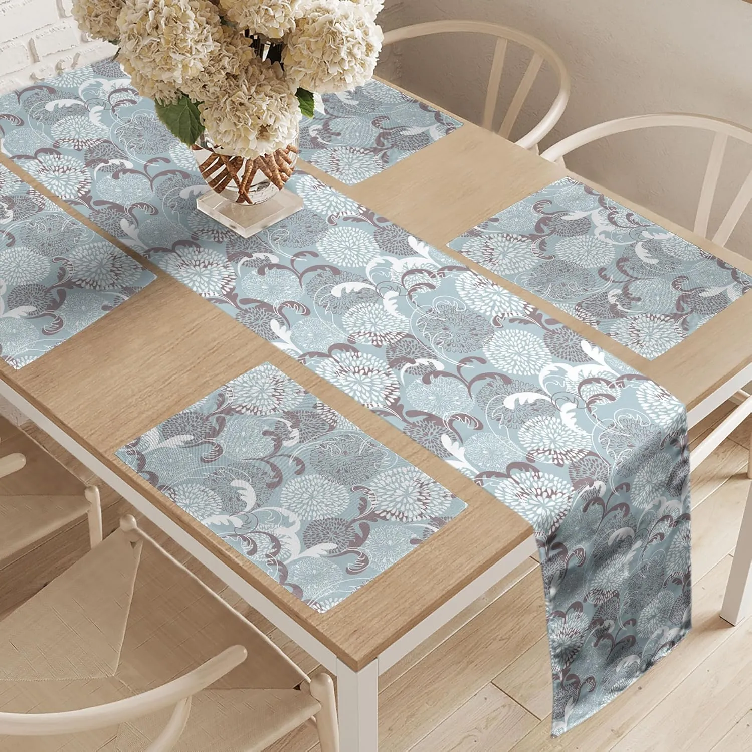 Ambesonne Floral Table Runner & Placemats, Soft Toned Spring Petals Ornamental Eco Shabby Form Herbs Classic Print, Set for Dining Table Decor, Placemat 4 pcs   Runner 16"x90", Pale Blue White Taupe