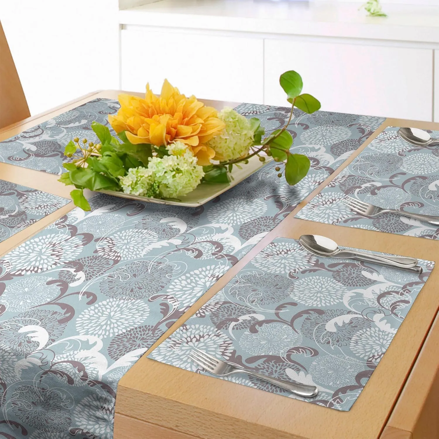 Ambesonne Floral Table Runner & Placemats, Soft Toned Spring Petals Ornamental Eco Shabby Form Herbs Classic Print, Set for Dining Table Decor, Placemat 4 pcs   Runner 16"x90", Pale Blue White Taupe